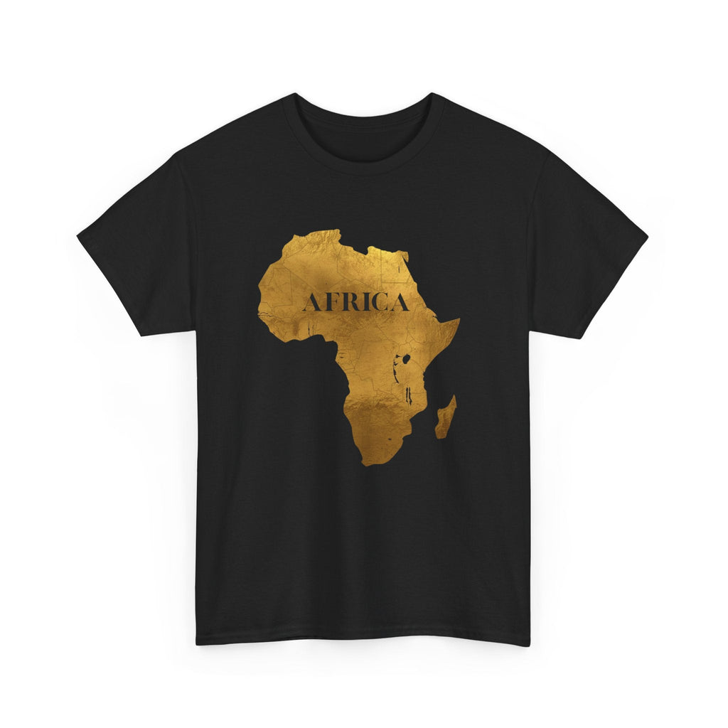 Black t-shirt with gold Africa map design on a white background by Relatable Designs.