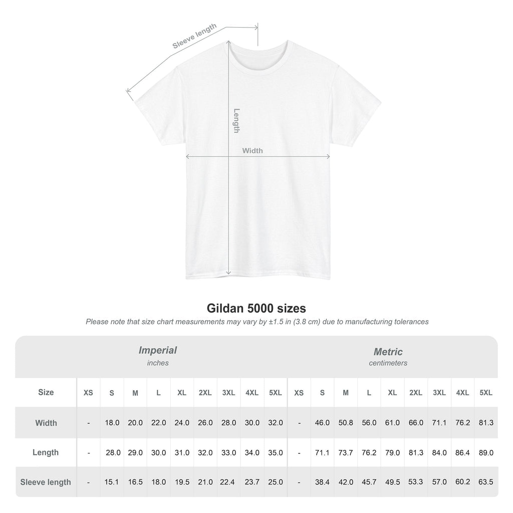 White t-shirt with measurement chart for Gildan 5000 sizes of black tee with gold Africa map on a white background