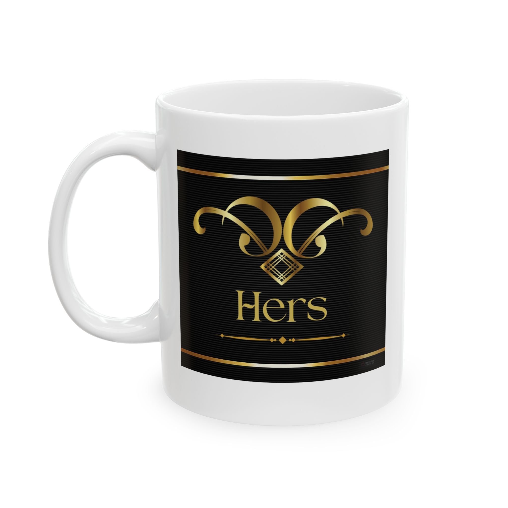 Chic modern white mug with black label featuring gold design and 'Hers' text on a white background