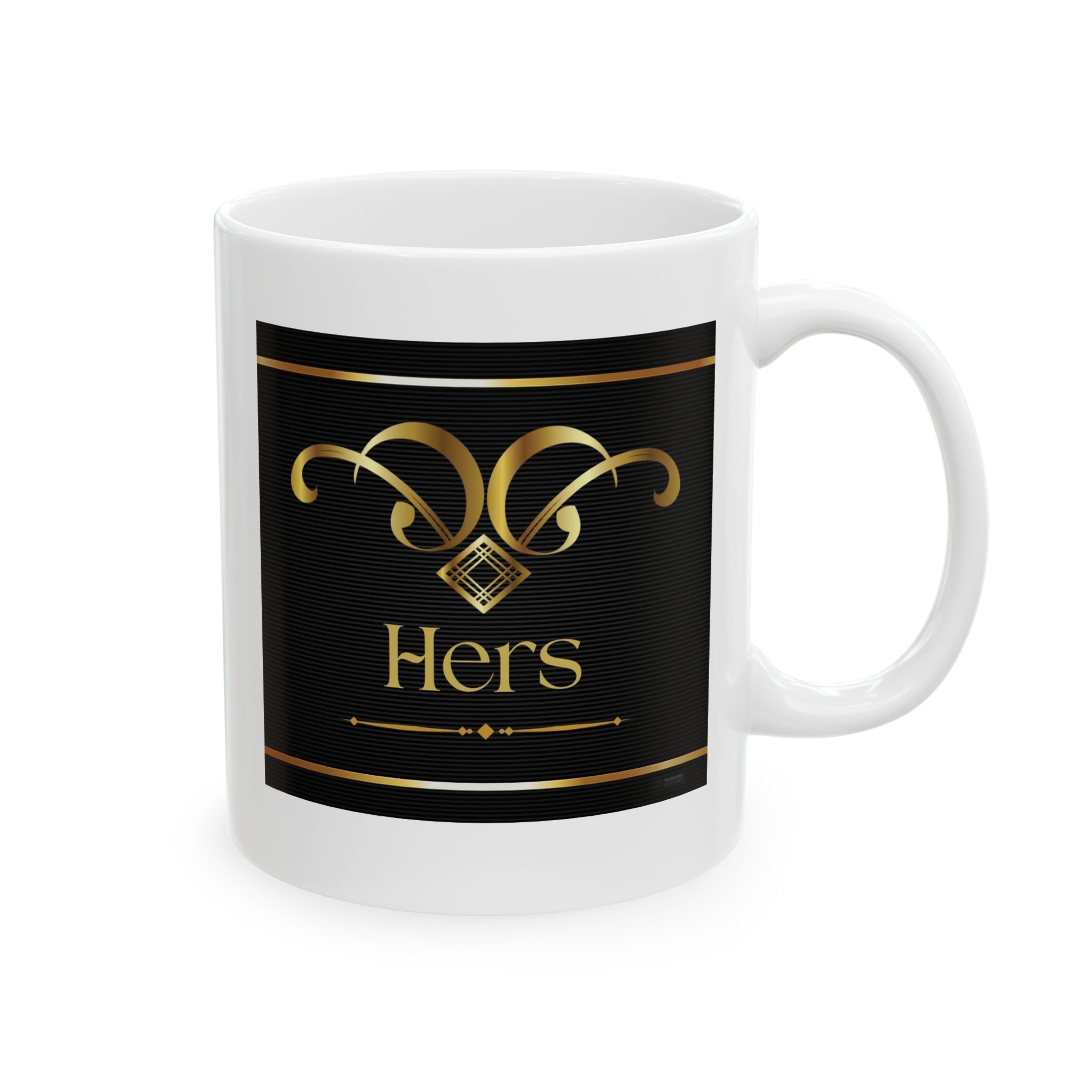 White ceramic mug with gold HERS text on black background - elegant modern design for couples by Relatable Designs.