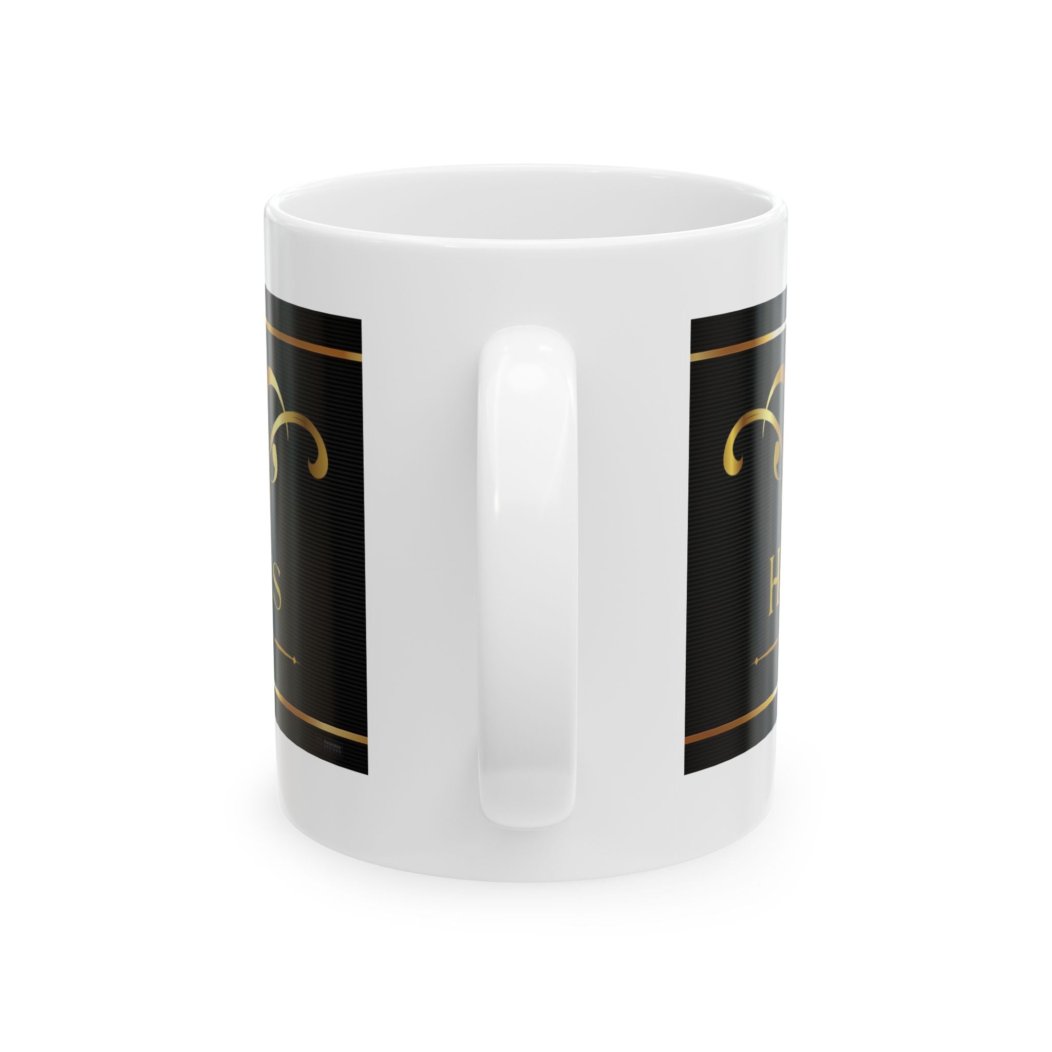 Elegant white HERS mug with black panels featuring gold designs on a white background.