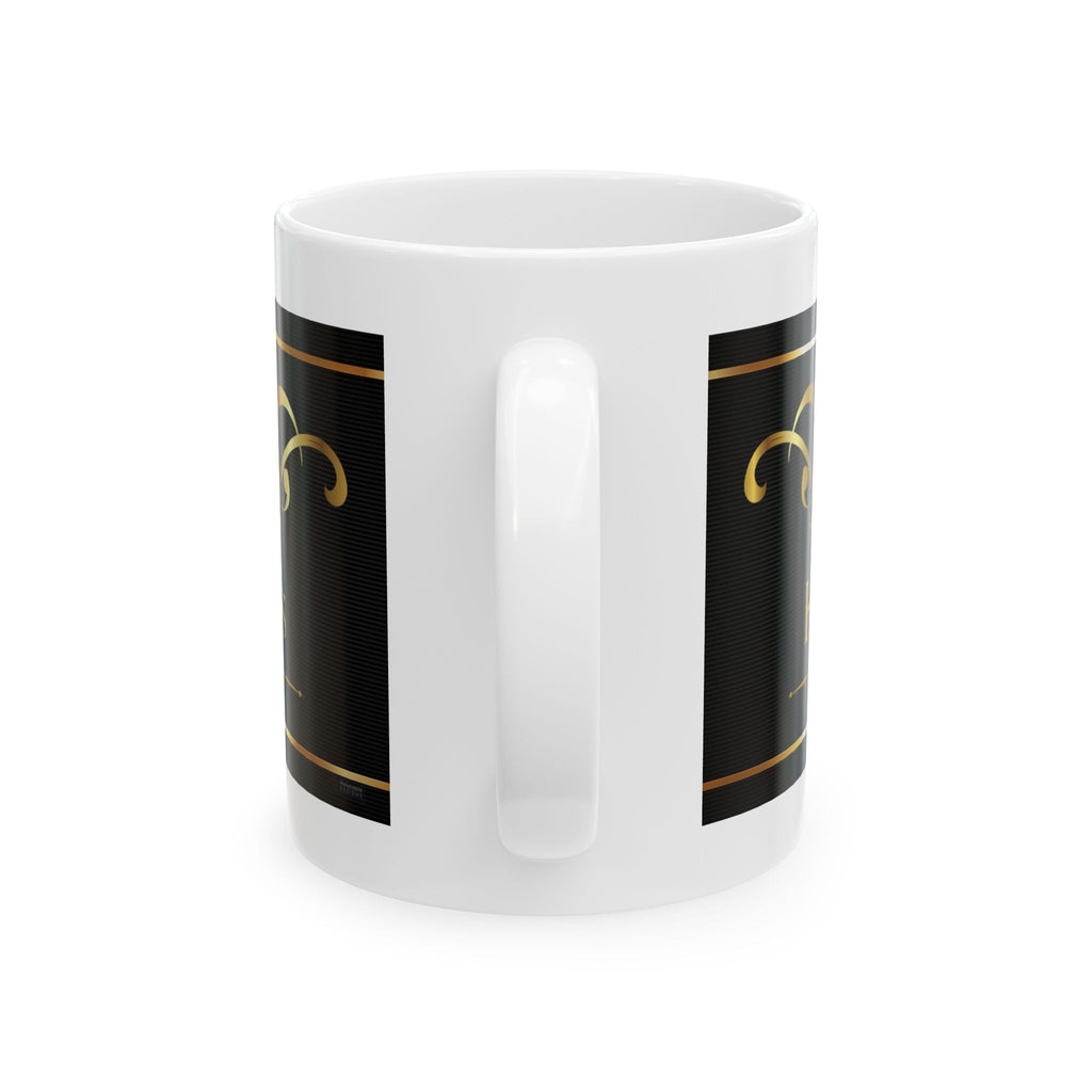 White mug with black panels featuring gold designs and gold "HIS" text on a white background. SIde View.