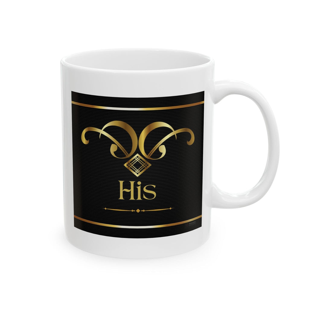 White elegant mug with black label design featuring 'HIS' in gold text on a white background by Relatable Designs. 