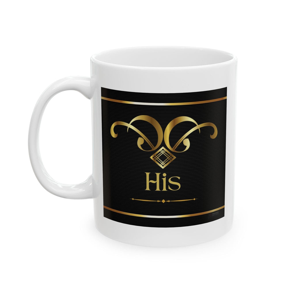White ceramic mug with black label featuring gold design and text on a white background. Left View.
