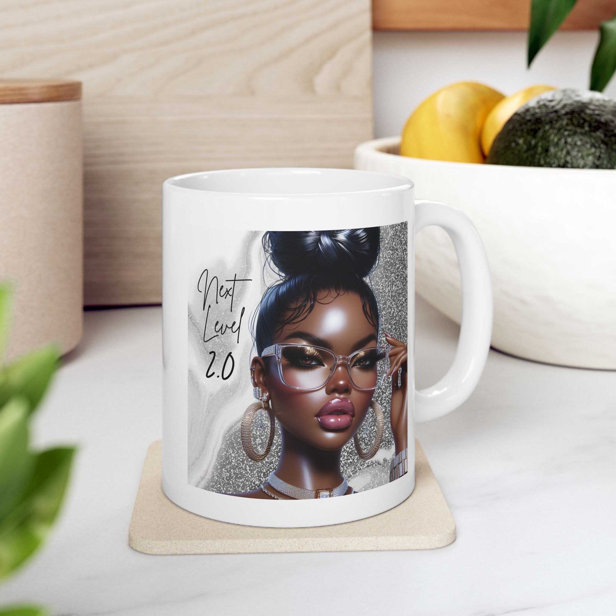 White mug with a design of a woman's face with glasses and 'Next Level 2.0' text on a coaster.