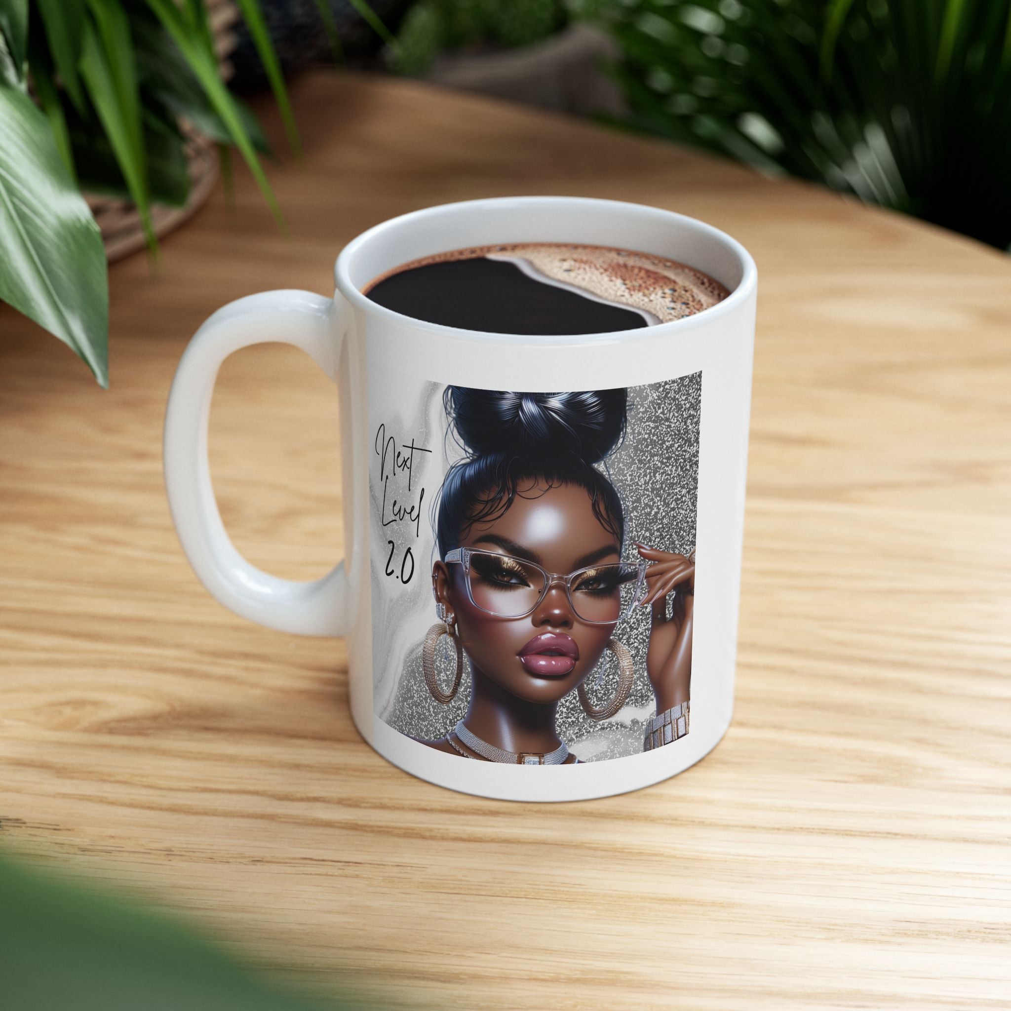 White mug with a design of a woman's face on a wooden table with coffee.