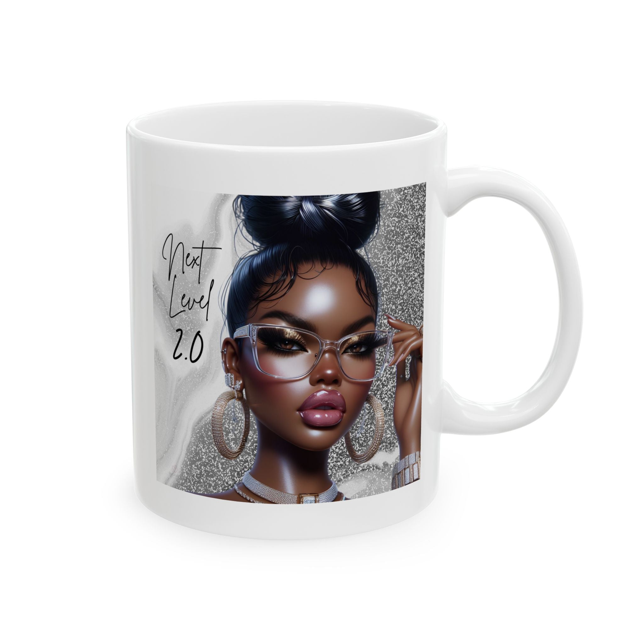 White mug with a graphic of a woman's face and 'Next Level 2.0' text on a white background by Relatable Designs