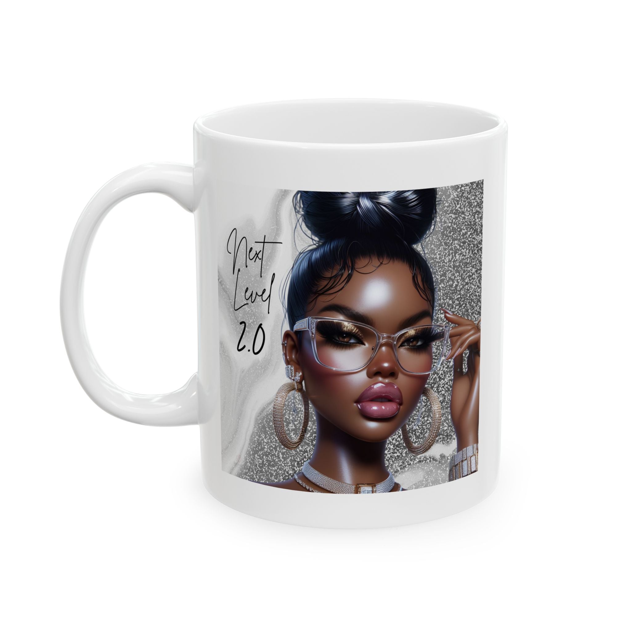 White mug with a design of a woman with glasses and inspirational text 'Next Level 2.0' on a white and silver background