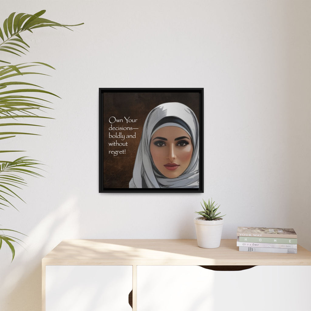 Framed inspiring wall decor of a woman wearing a hijab with motivational quote on a wall above a desk.