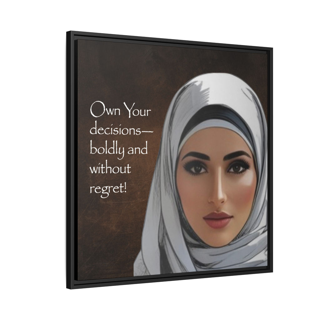 Framed artwork with a woman wearing a hijab and inspirational quote on a brown background.