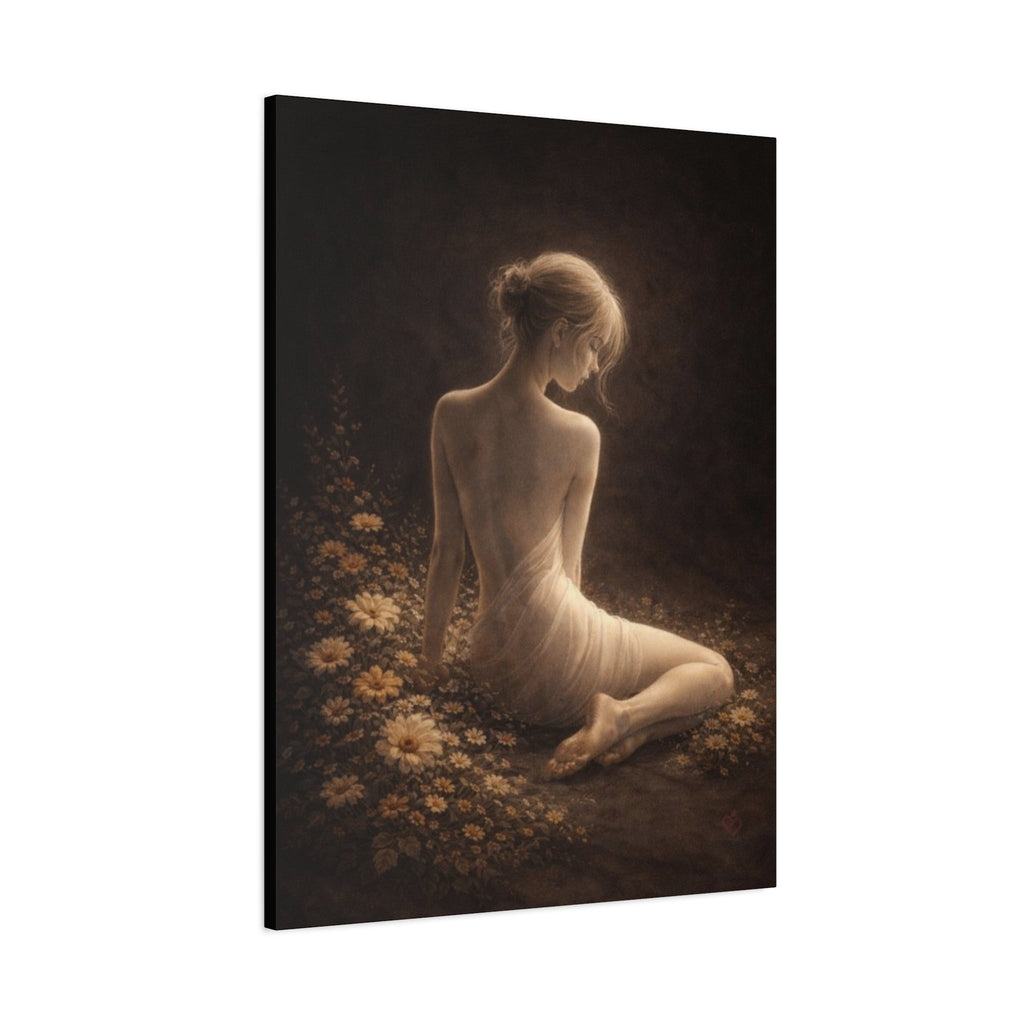 Minimalist canvas painting of a woman sitting on the ground with subtle floral textures on dark background - Side View.