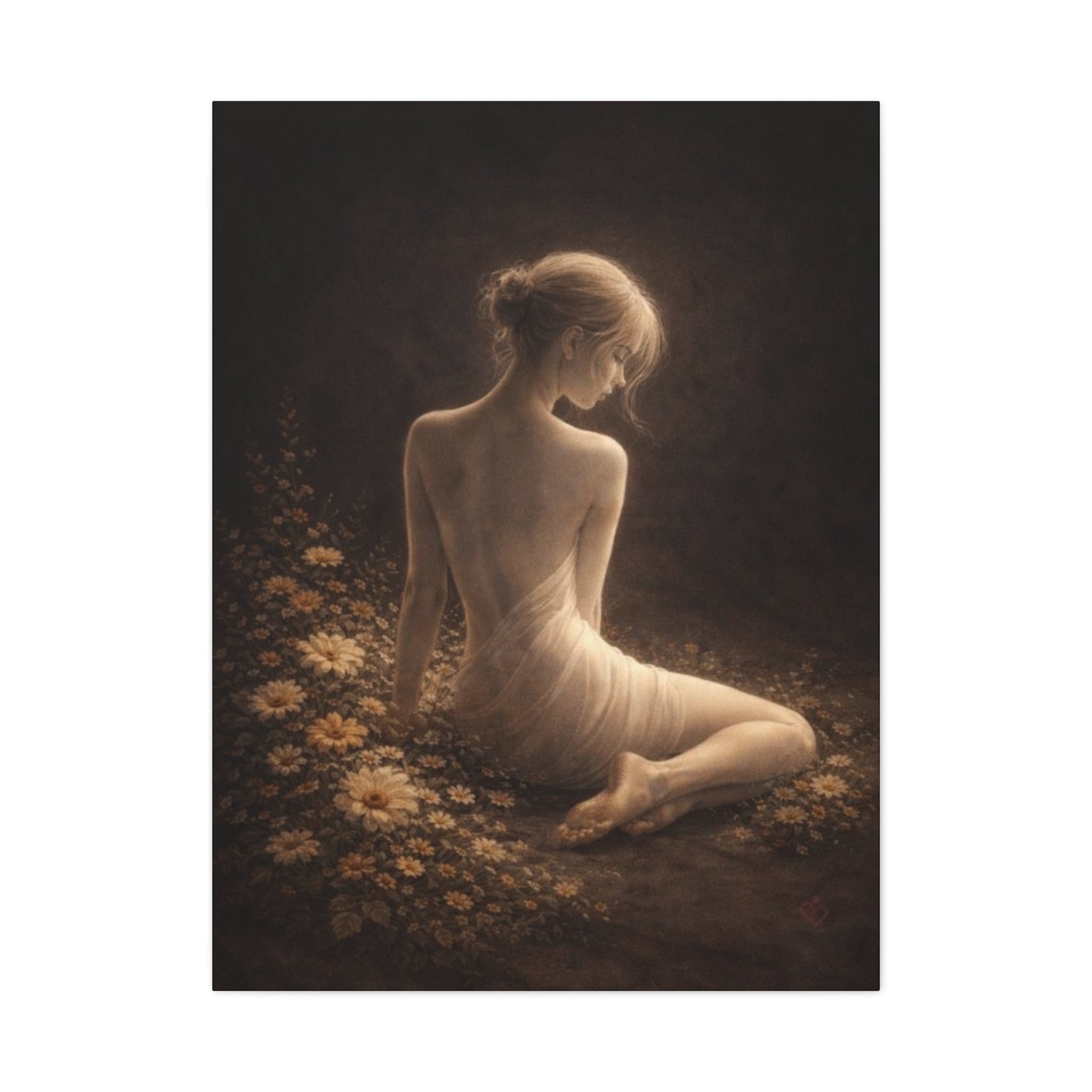 Minimalist fine wall art of a woman seated with folded legs with subtle floral against brown background by Relatable Designs.