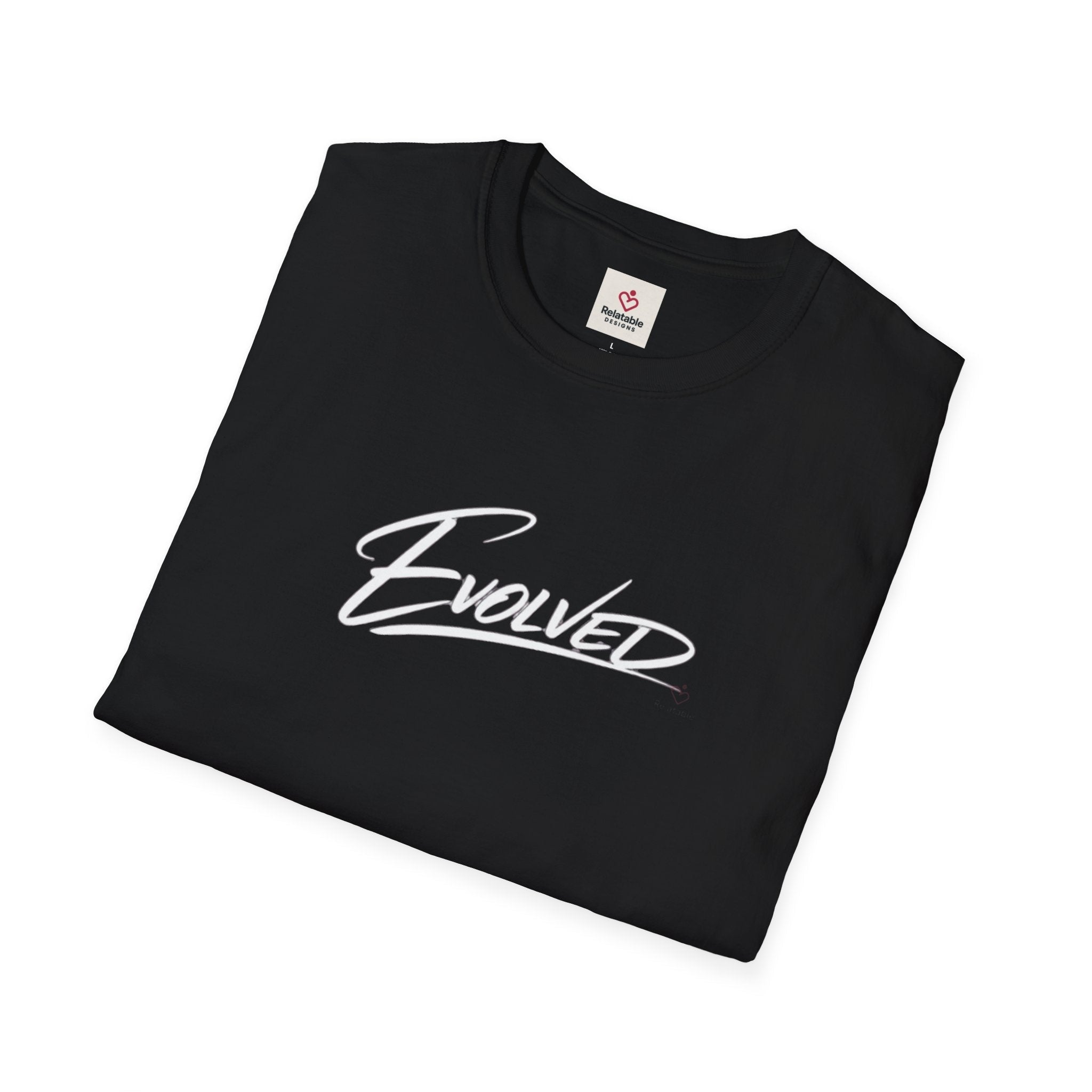 Folded Evolved™ Script Black T-Shirt — with white text 'EVOLVED' on white background