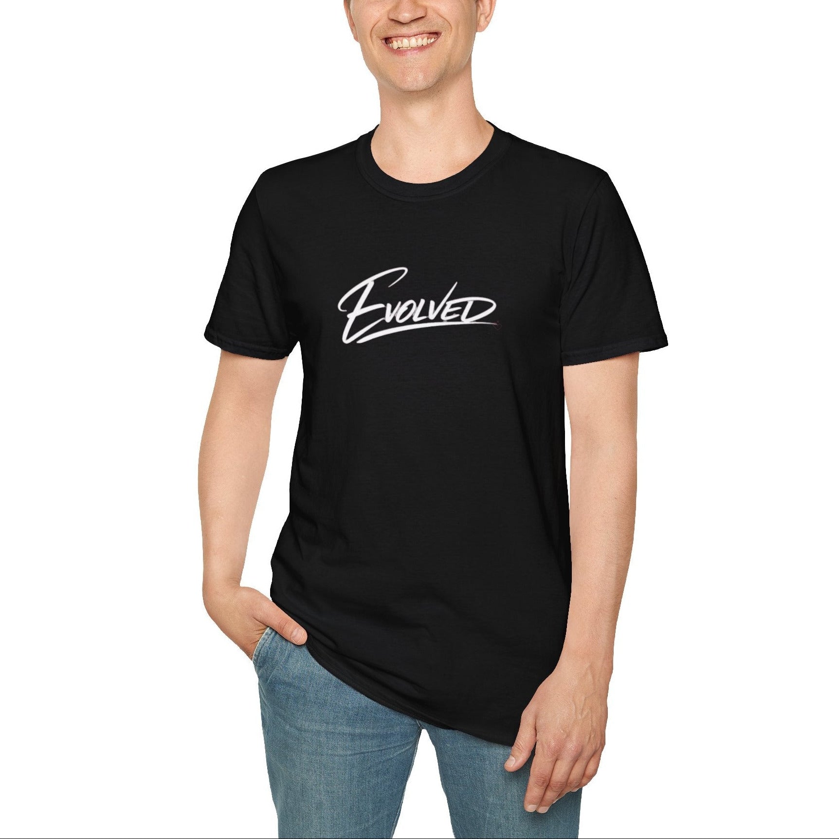 Man wearing Evolved™ Script T-Shirt — with minimalist white text on black tee 