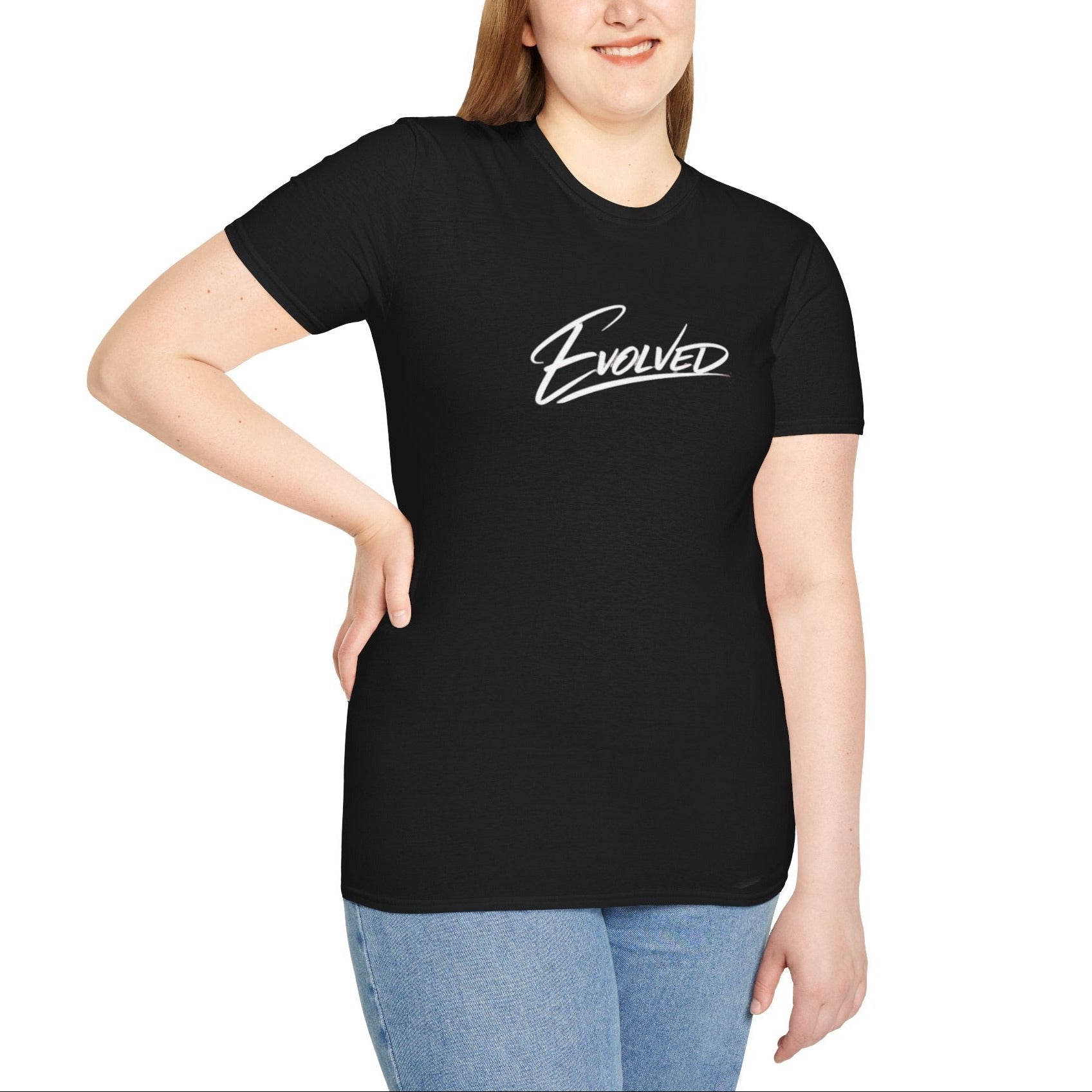 Person wearing a black t-shirt with 'Evolved' text on a white background