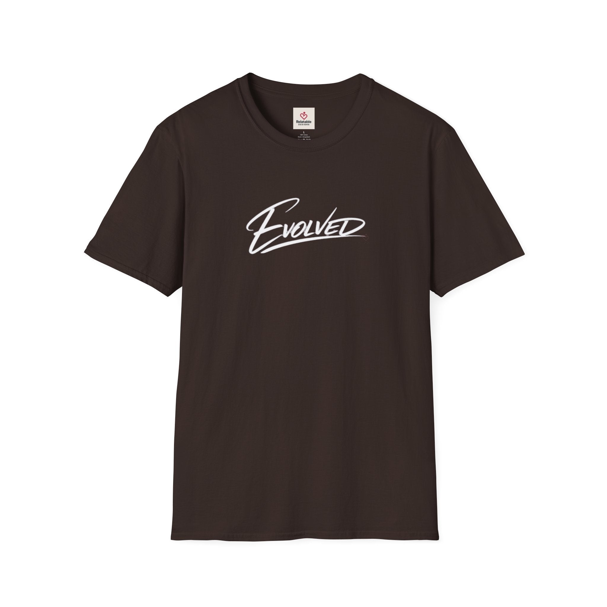 Evolved™ Script Brown T-Shirt — with white minimalist text 'EVOLVED' on white background