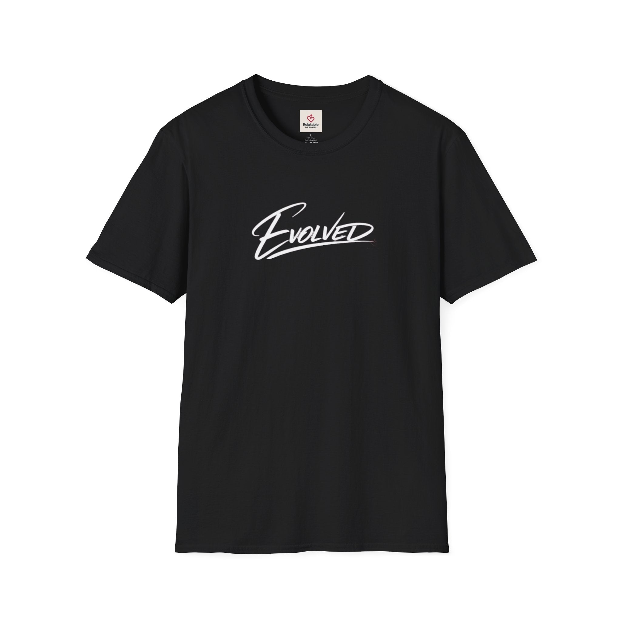Evolved ™ signature script T-Shirt — in white minimalist lettering on black unisex tee by Relatable Designs.