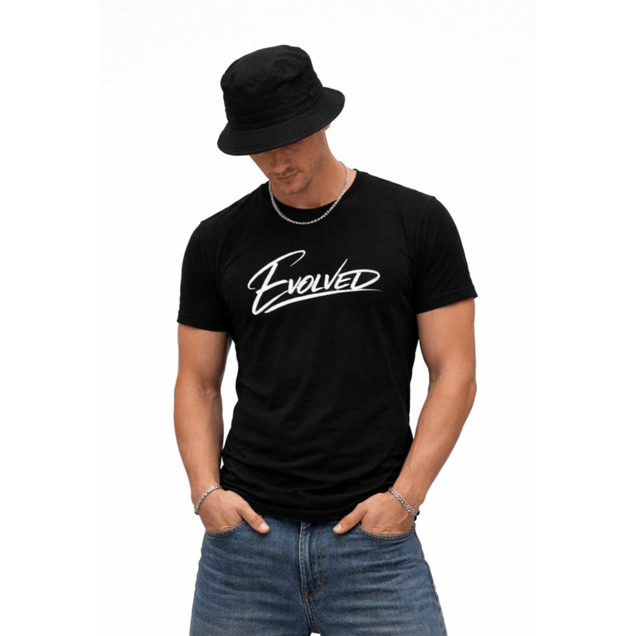 Men's black "Evolved" graphic t-shirt styled with hat, modern casual streetwear by Relatable Designs