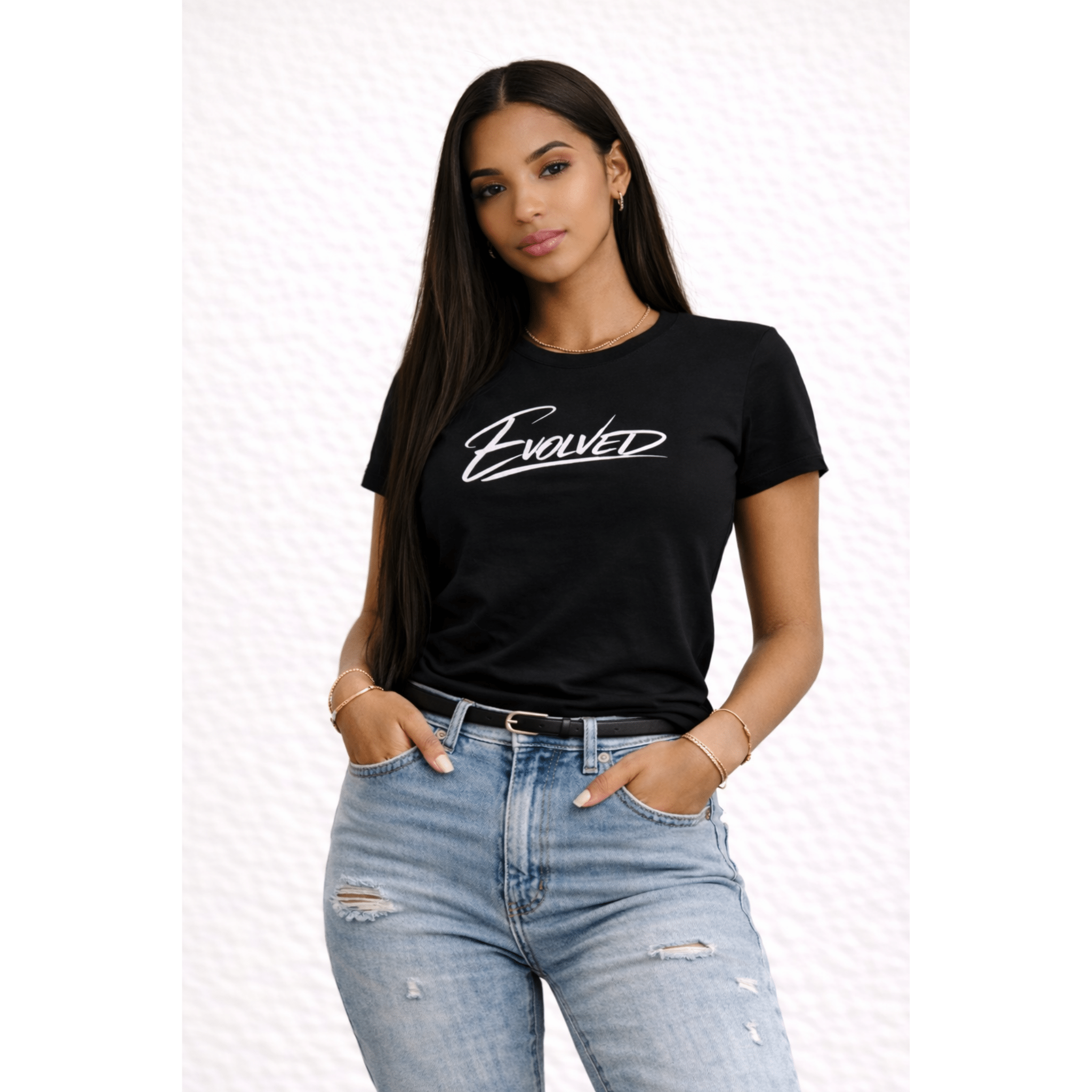 Black "Evolved" graphic t-shirt styled with light wash jeans, casual confident look by Relatable Designs