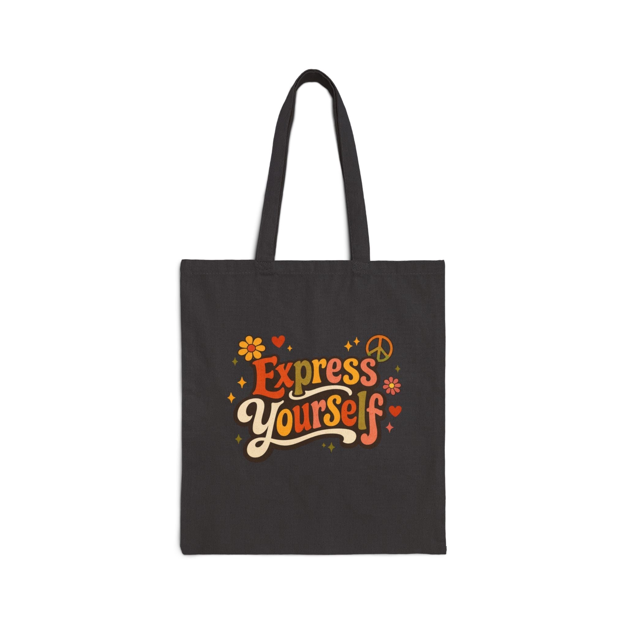 Black tote bag with 'Express Yourself' text on a white background