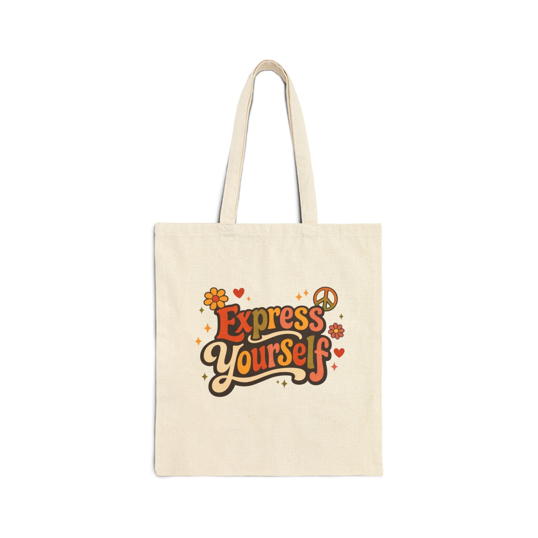 Beige tote bag with 'Express Yourself' text and decorative elements on a white background