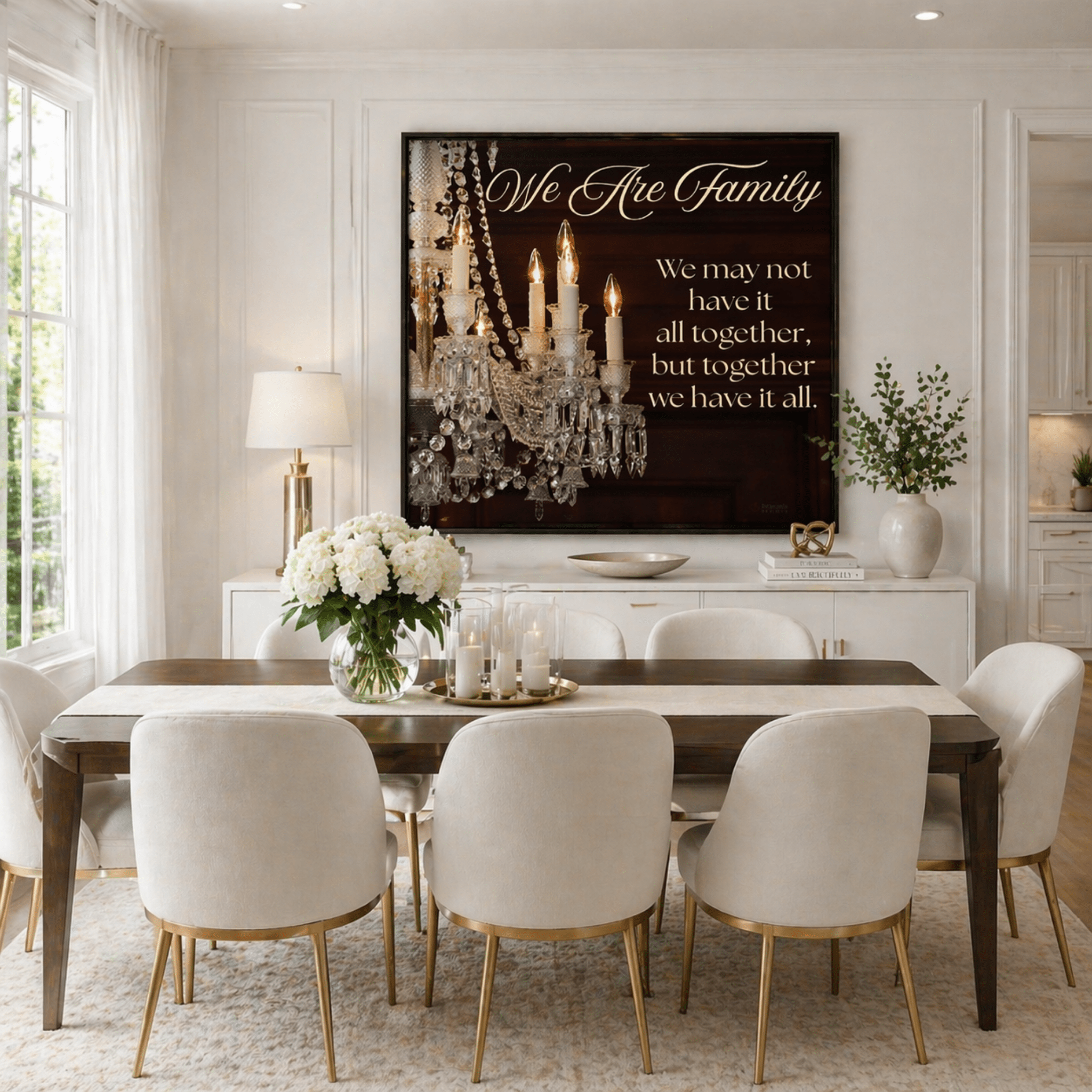 Family canvas wall art styled in a dining room with chandelier lighting and neutral modern decor