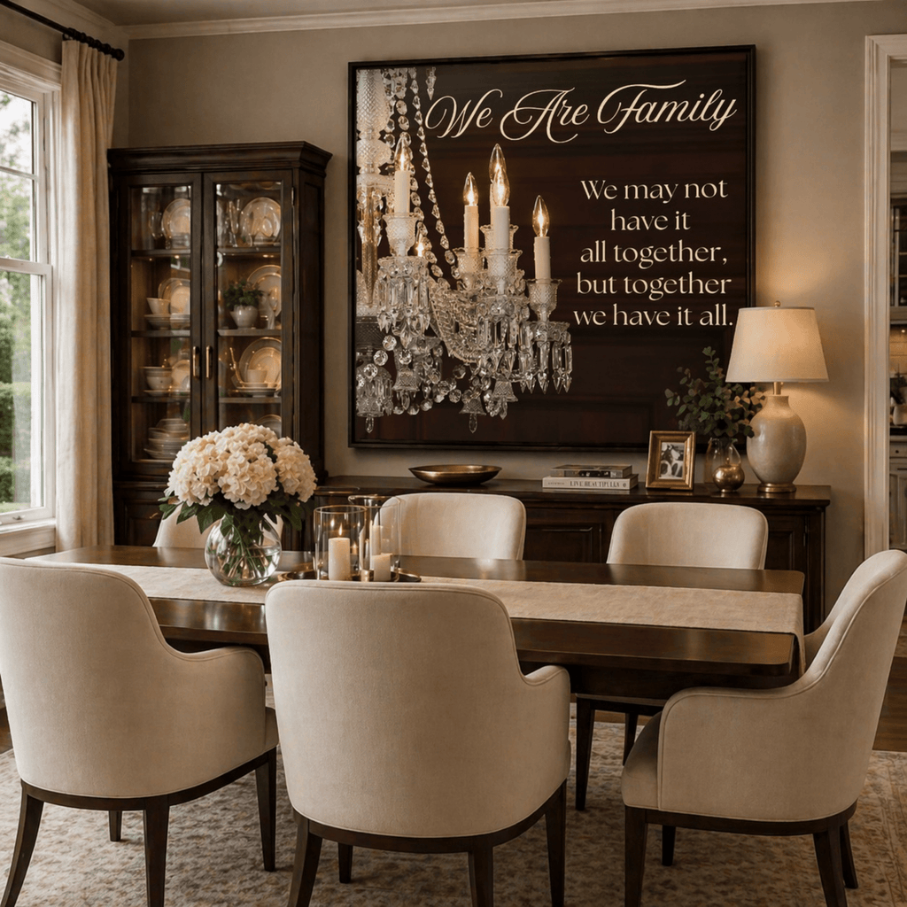 Framed family quote wall art displayed above a dining table creating a warm and inviting space