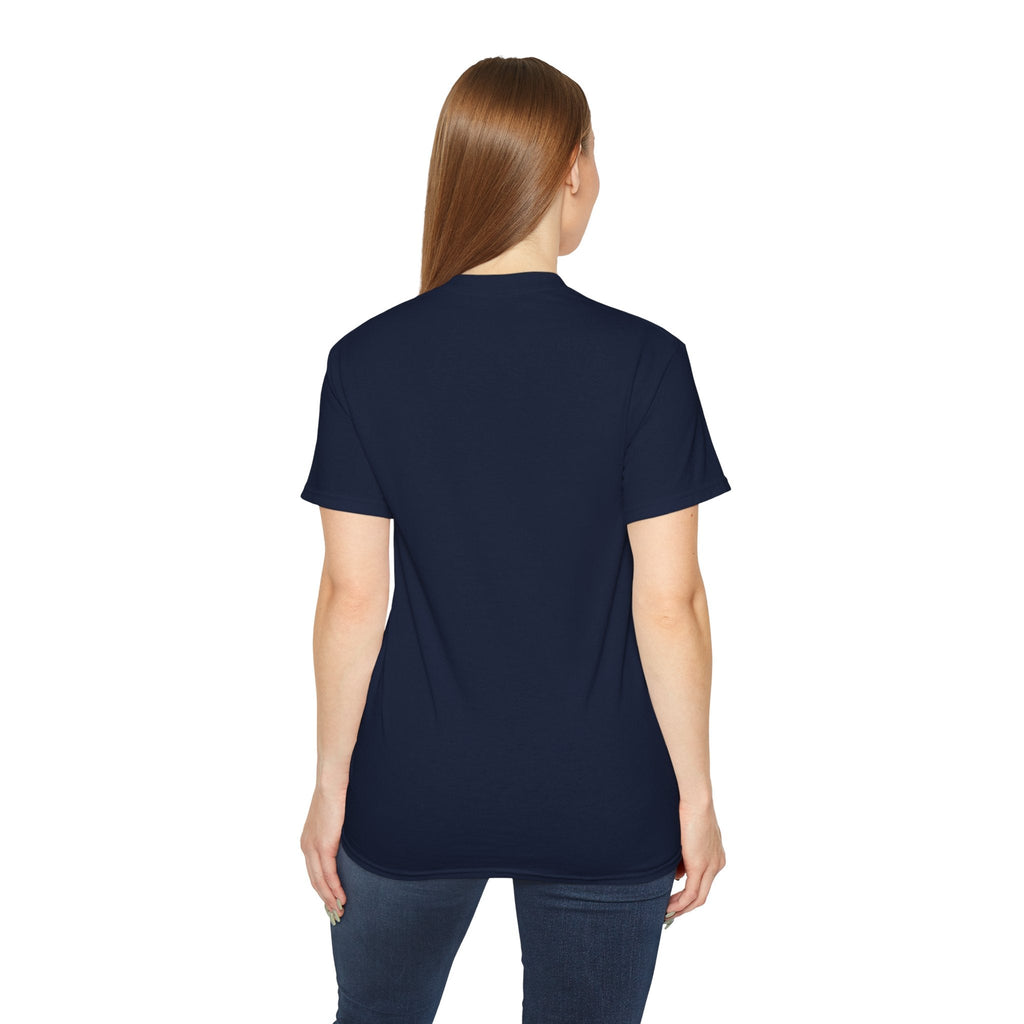 Back View of person wearing a navy blue t-shirt with text Fearless By Nature on a white background.