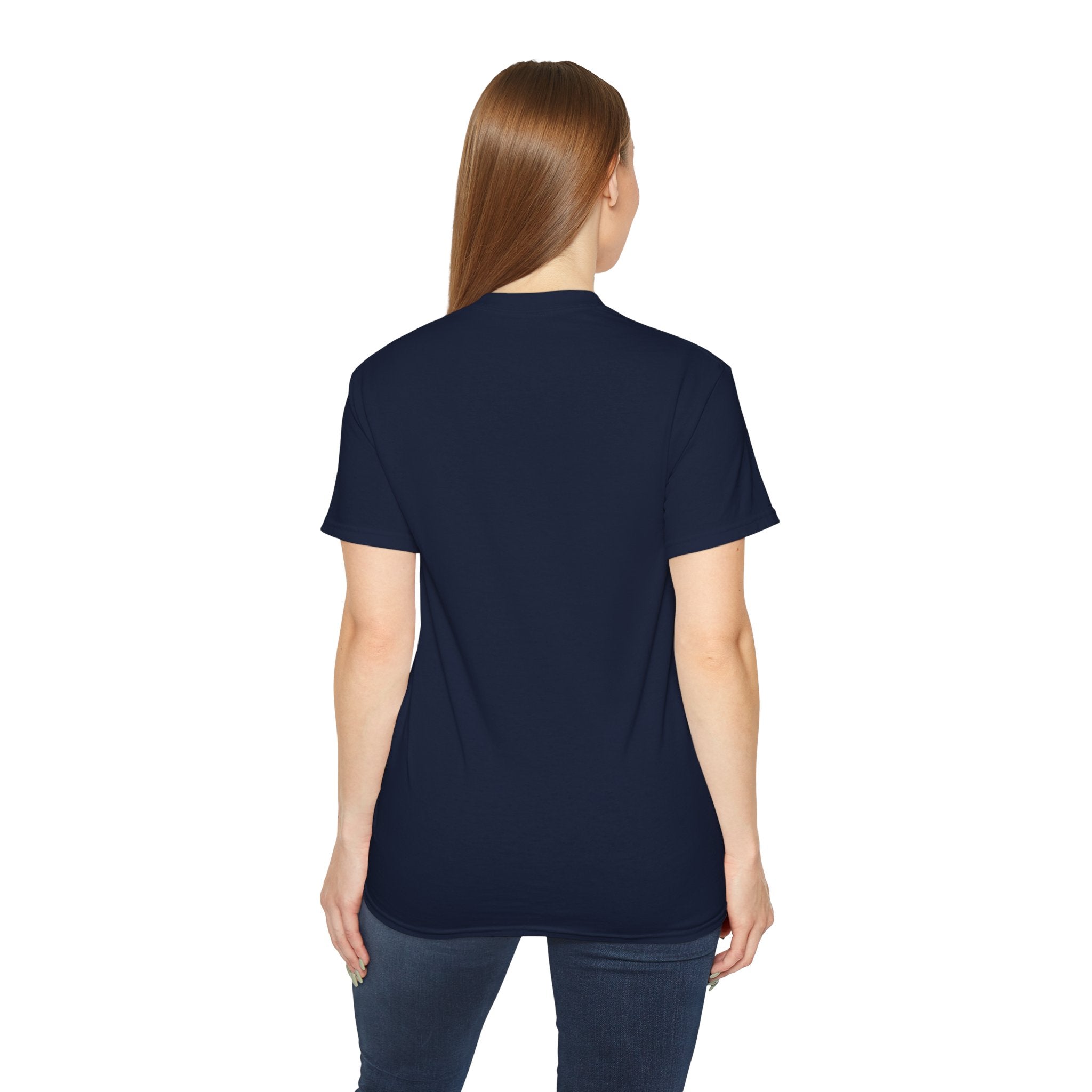 Back View of person wearing a navy blue t-shirt with text Fearless By Nature on a white background.