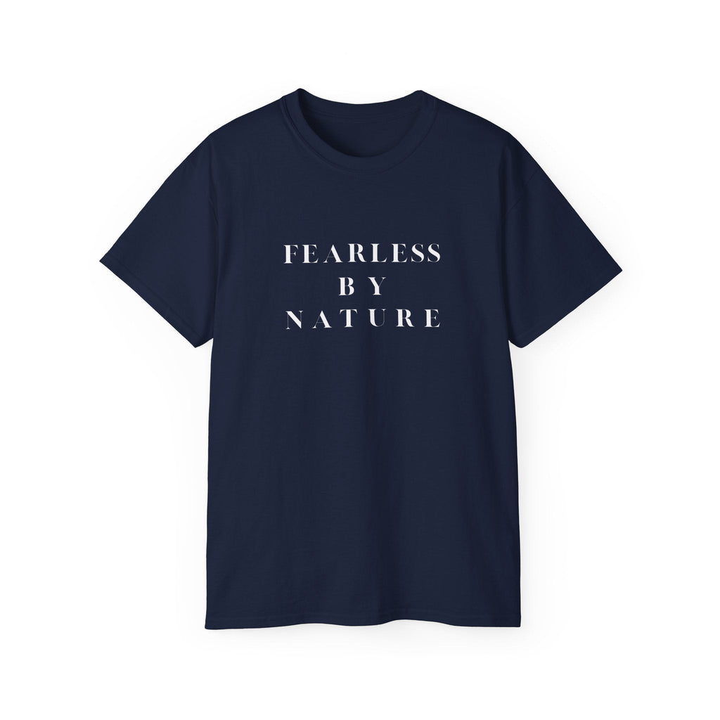 Navy blue t-shirt with 'FEARLESS BY NATURE' text on a white background