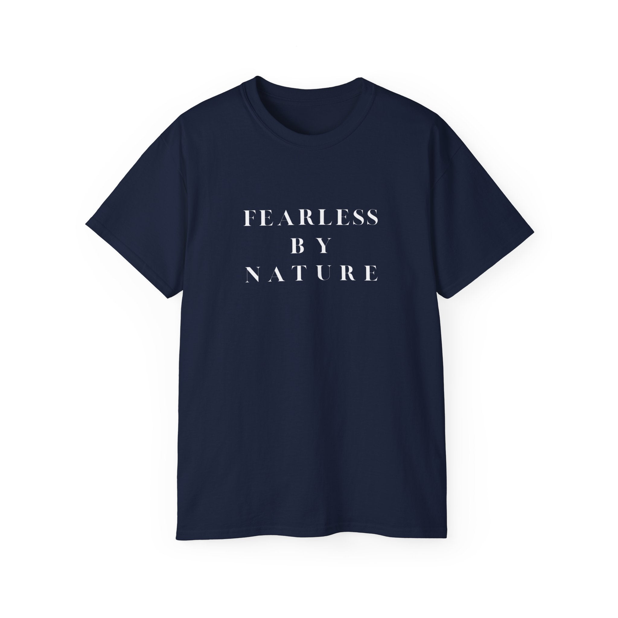 Navy blue t-shirt with 'FEARLESS BY NATURE' text on a white background
