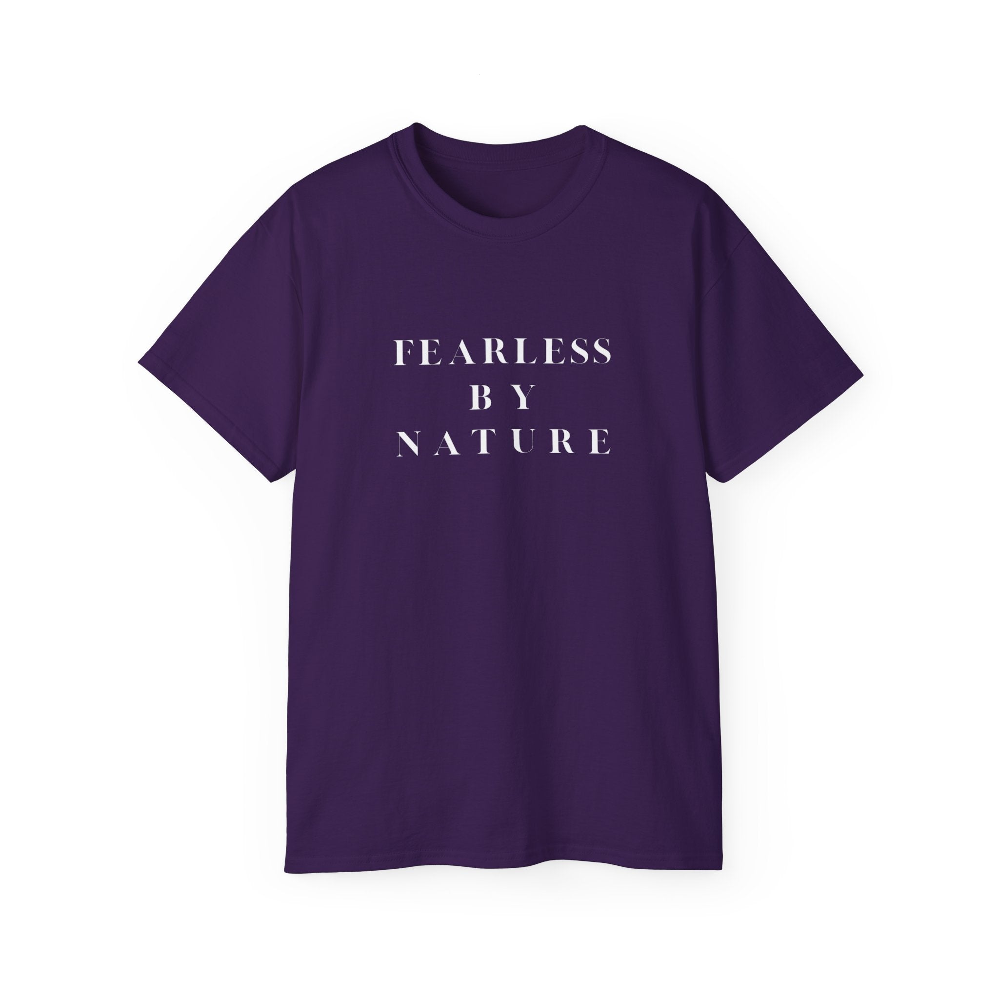 Purple t-shirt with 'FEARLESS BY NATURE' text on a white background