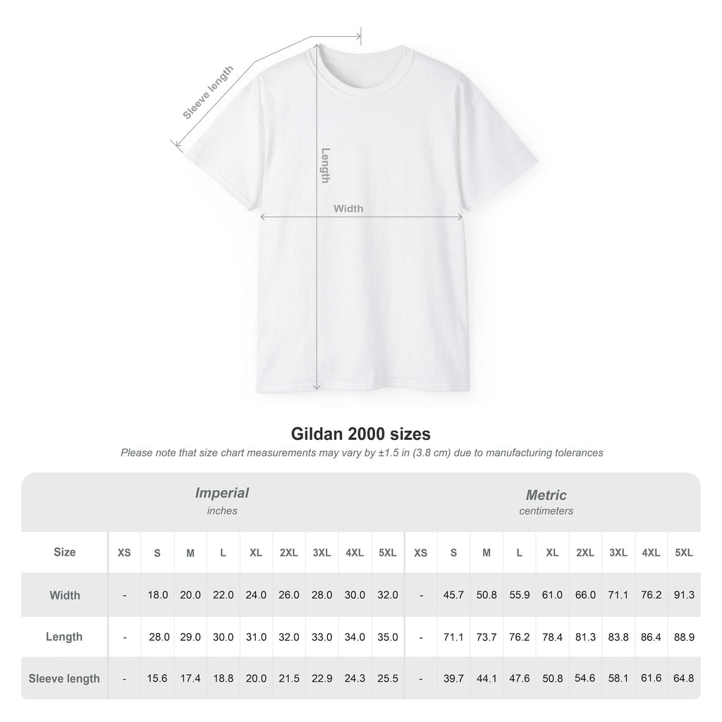 White t-shirt with measurement chart for FEARLESS BY NATURE shirt on a white background