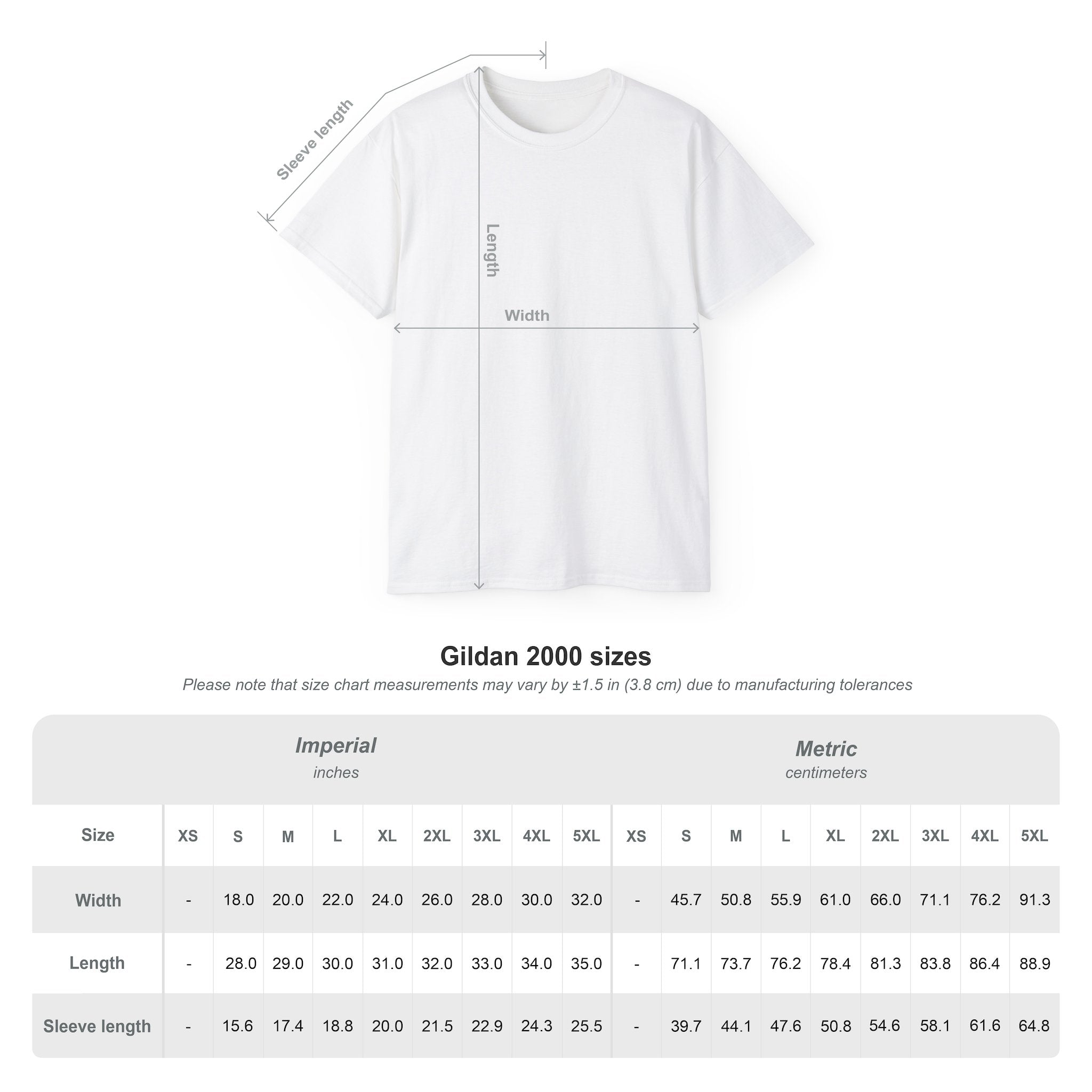 White t-shirt with measurement chart for FEARLESS BY NATURE shirt on a white background