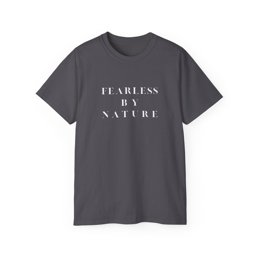 Dark gray t-shirt with 'Fearless by Nature' text on a white background