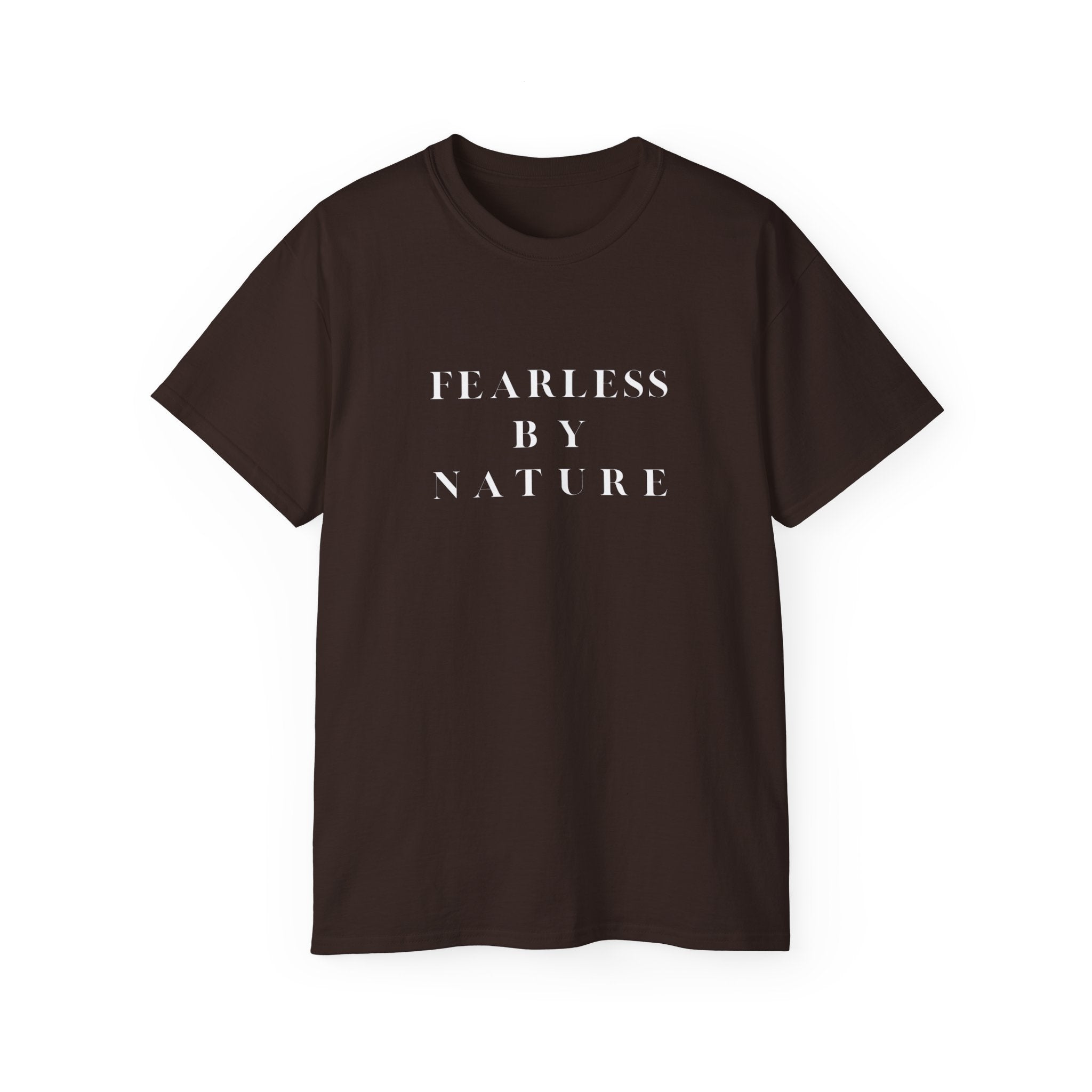 Brown t-shirt with 'FEARLESS BY NATURE' text on a white background
