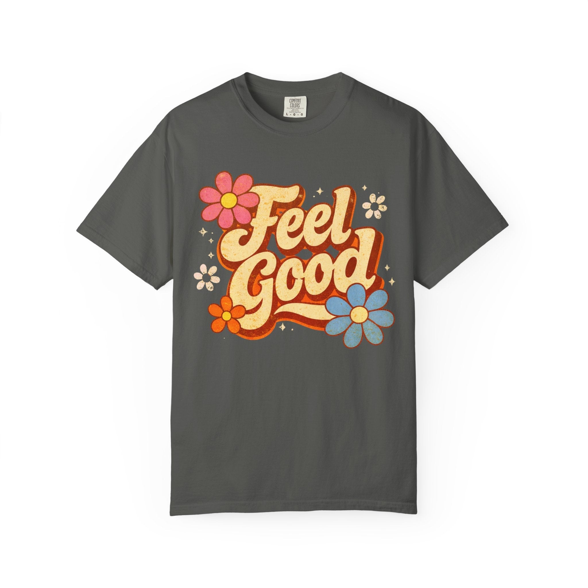 Gray t-shirt with 'Feel Good' text and flowers on a white background