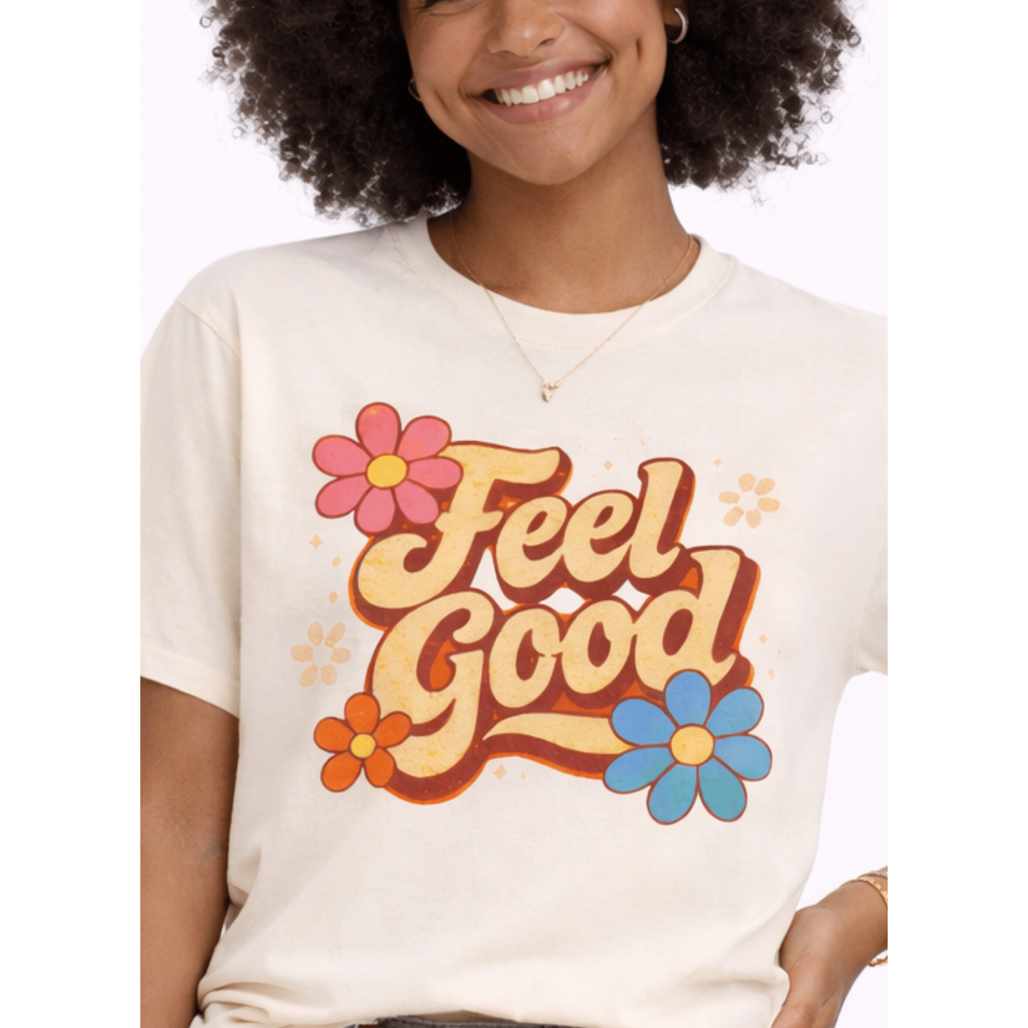 Person wearing a 'Feel Good' t-shirt with floral designs on a white background by Relatable Designs.