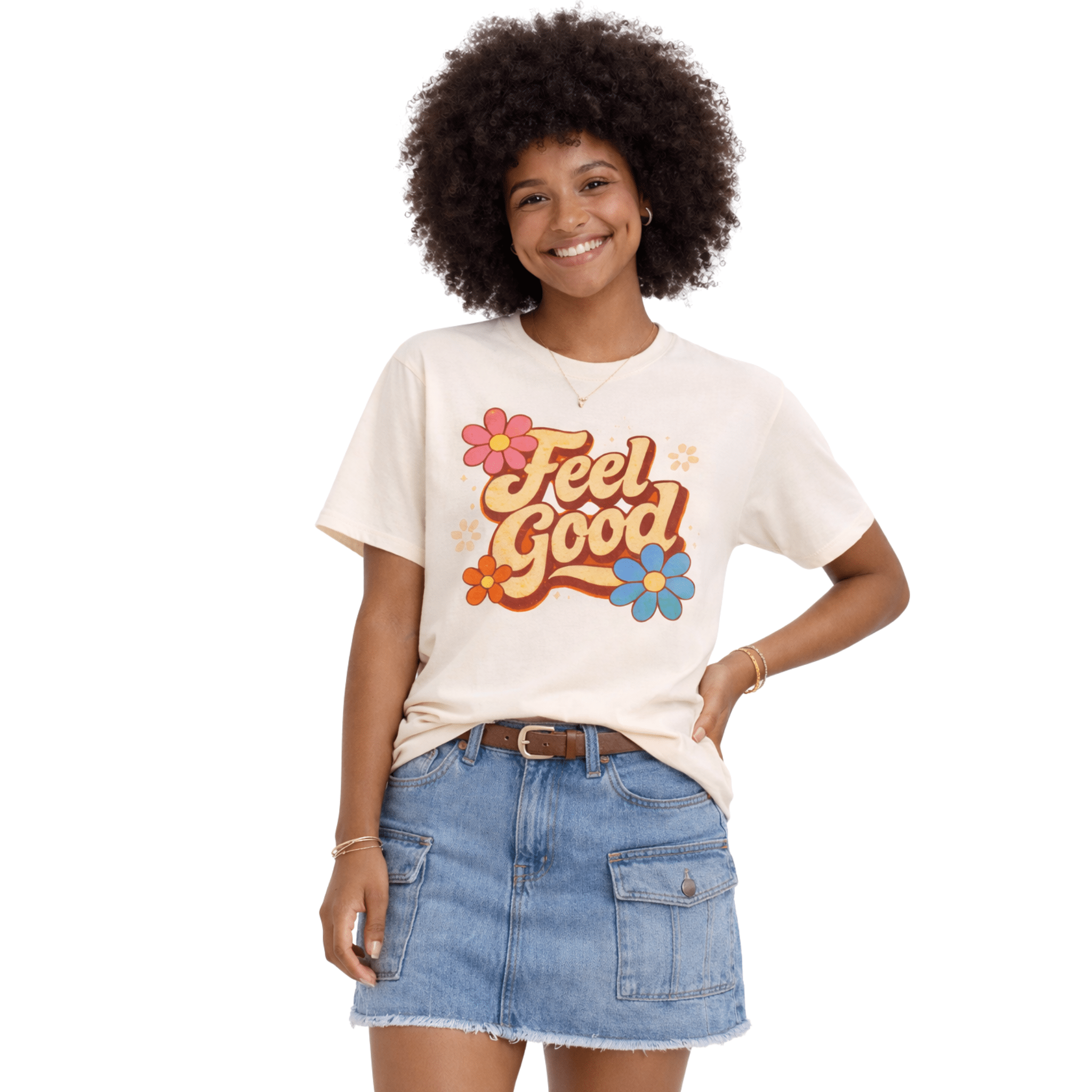 Female model wearing a beige 'Feel Good' t-shirt with floral designs on a white background
