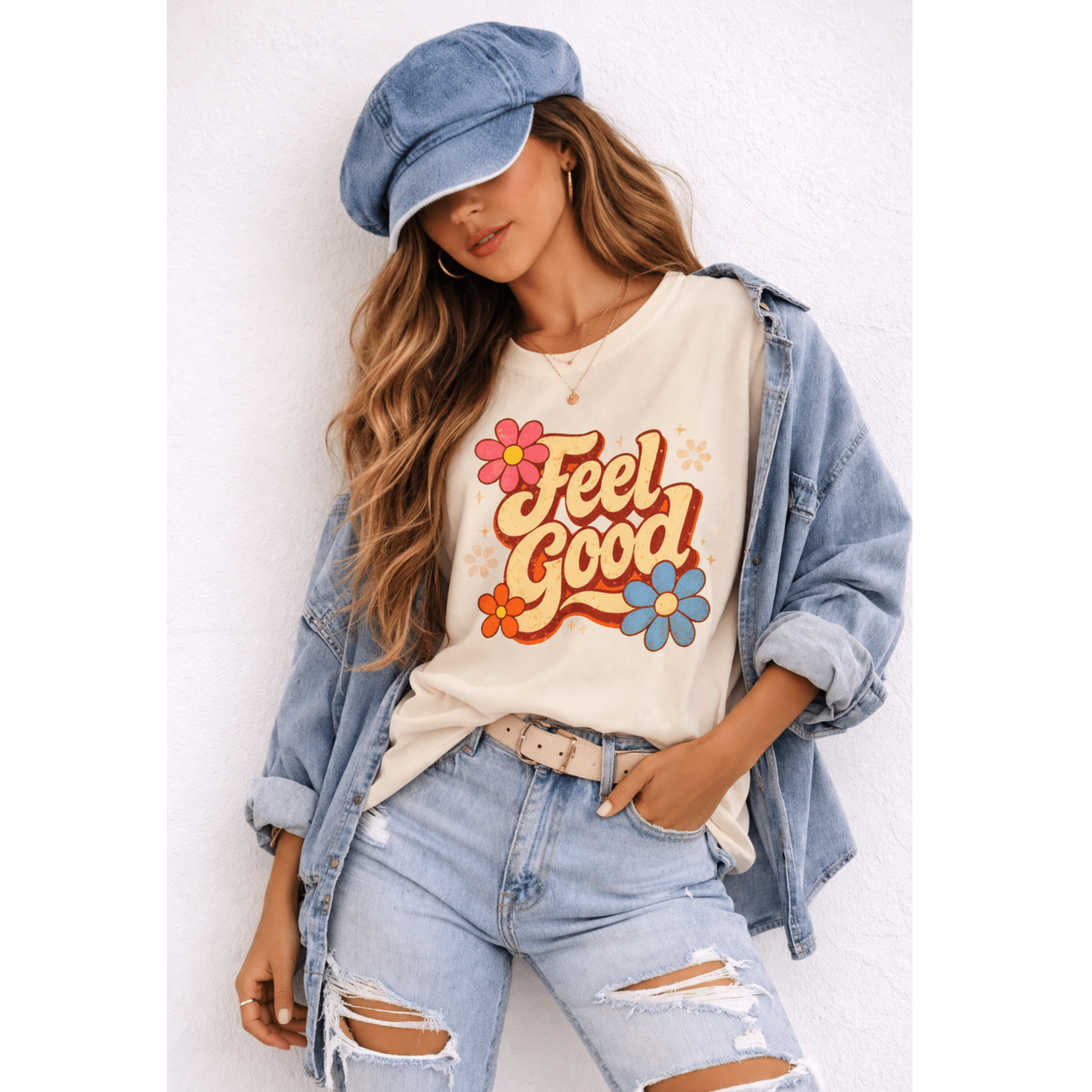 Woman wearing a 'Feel Good' t-shirt with a denim jacket and cap against a white background
