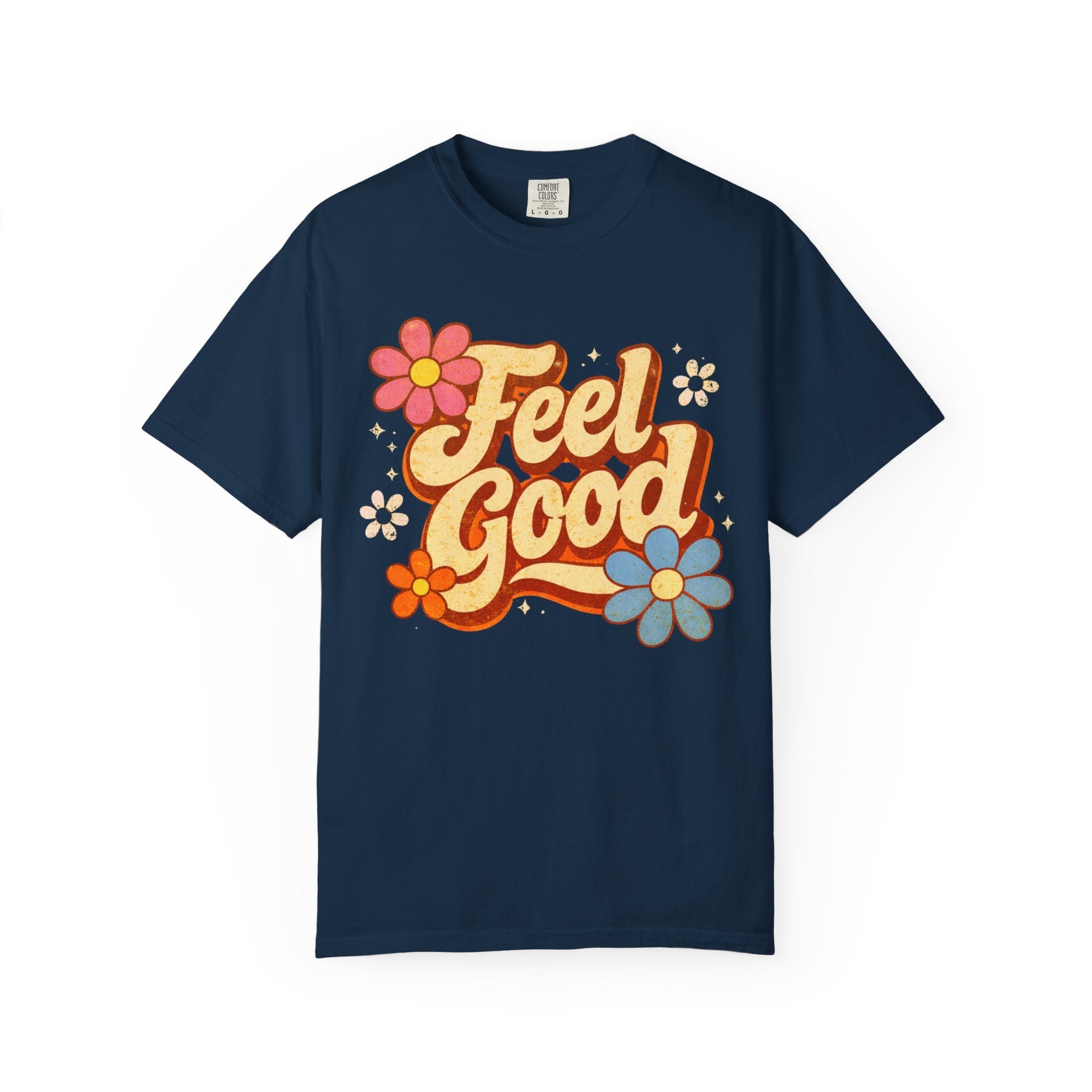 Navy blue t-shirt with 'Feel Good' text and floral designs on a white background