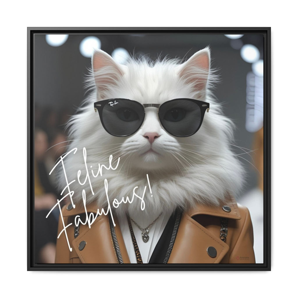 Funny wall decor of cat wearing sunglasses and leather jacket with 'Feline Fabulous!' text by Relatable Designs. 