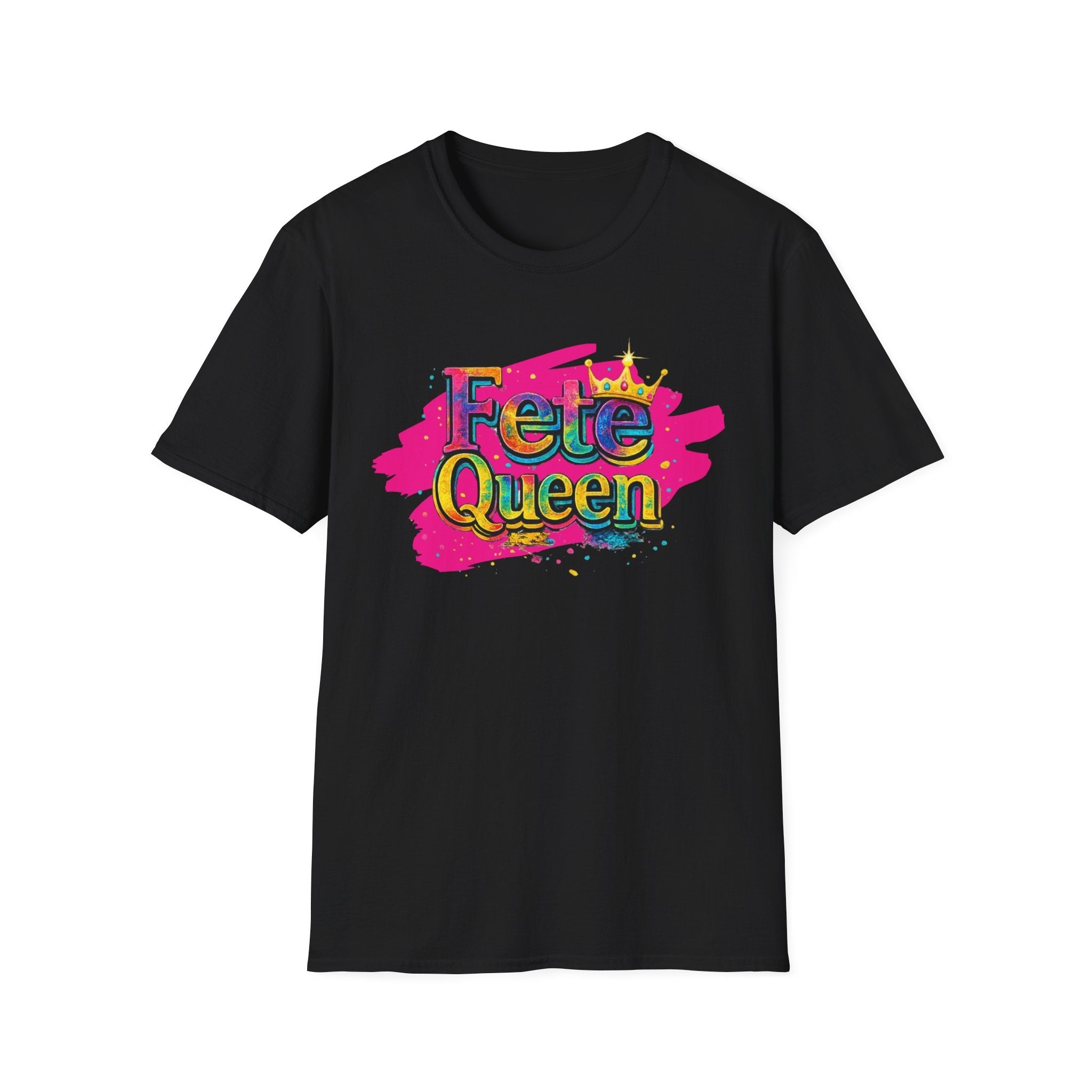 Black t-shirt with 'Fete Queen' colorful text design on a white background