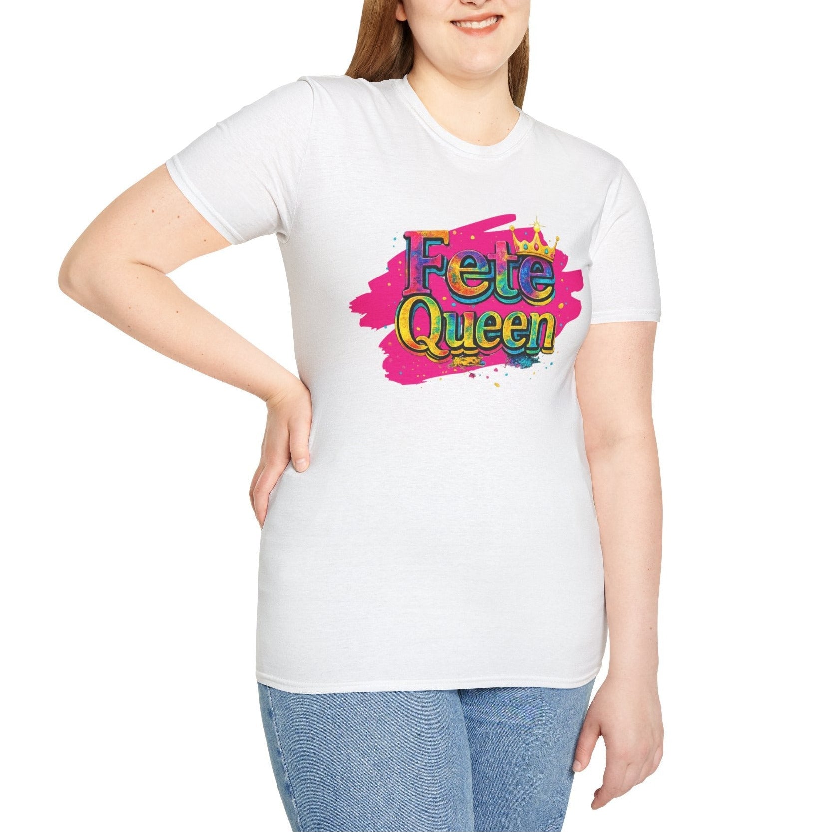Person wearing a white t-shirt with text 'Fete Queen' colorful design on a white background