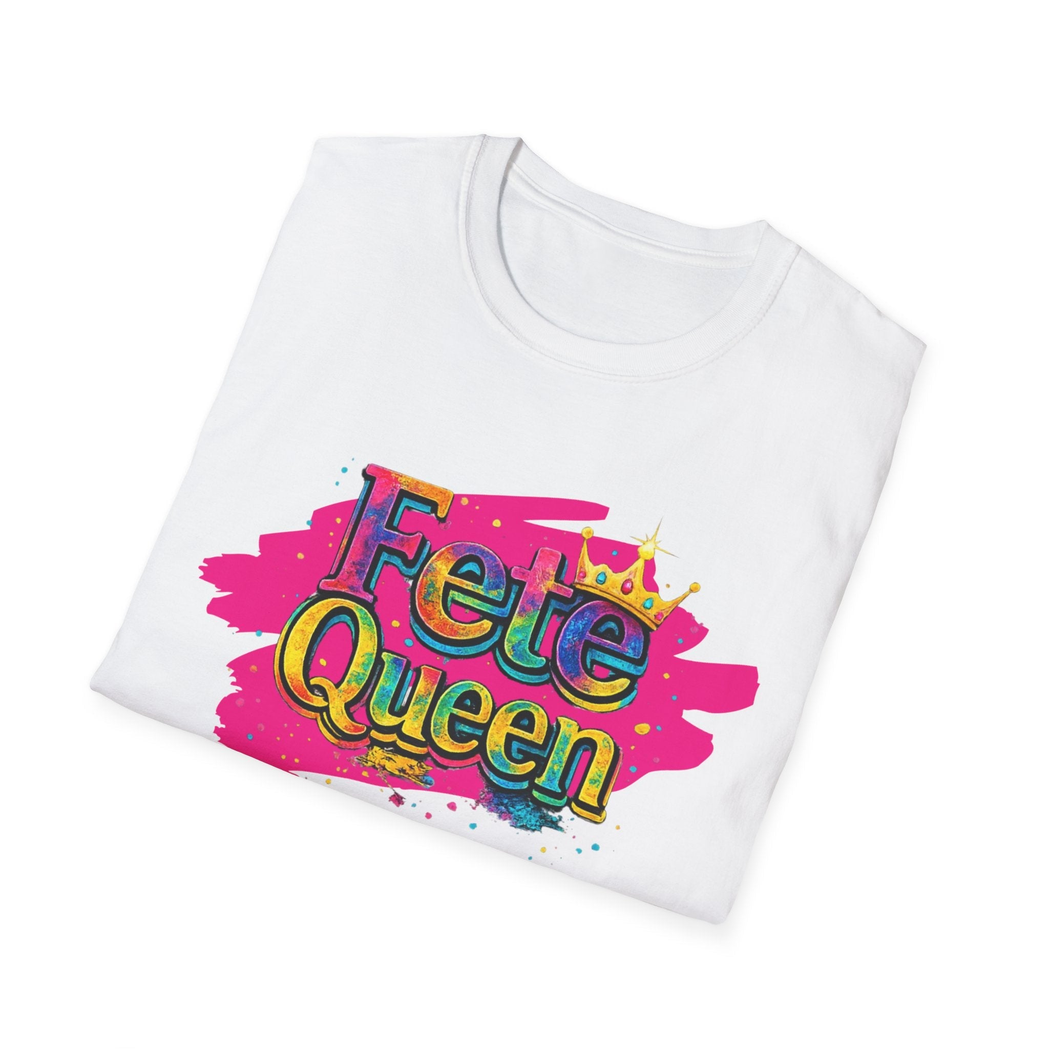 Folded white t-shirt with colorful 'Fete Queen' text and festive design on a white background