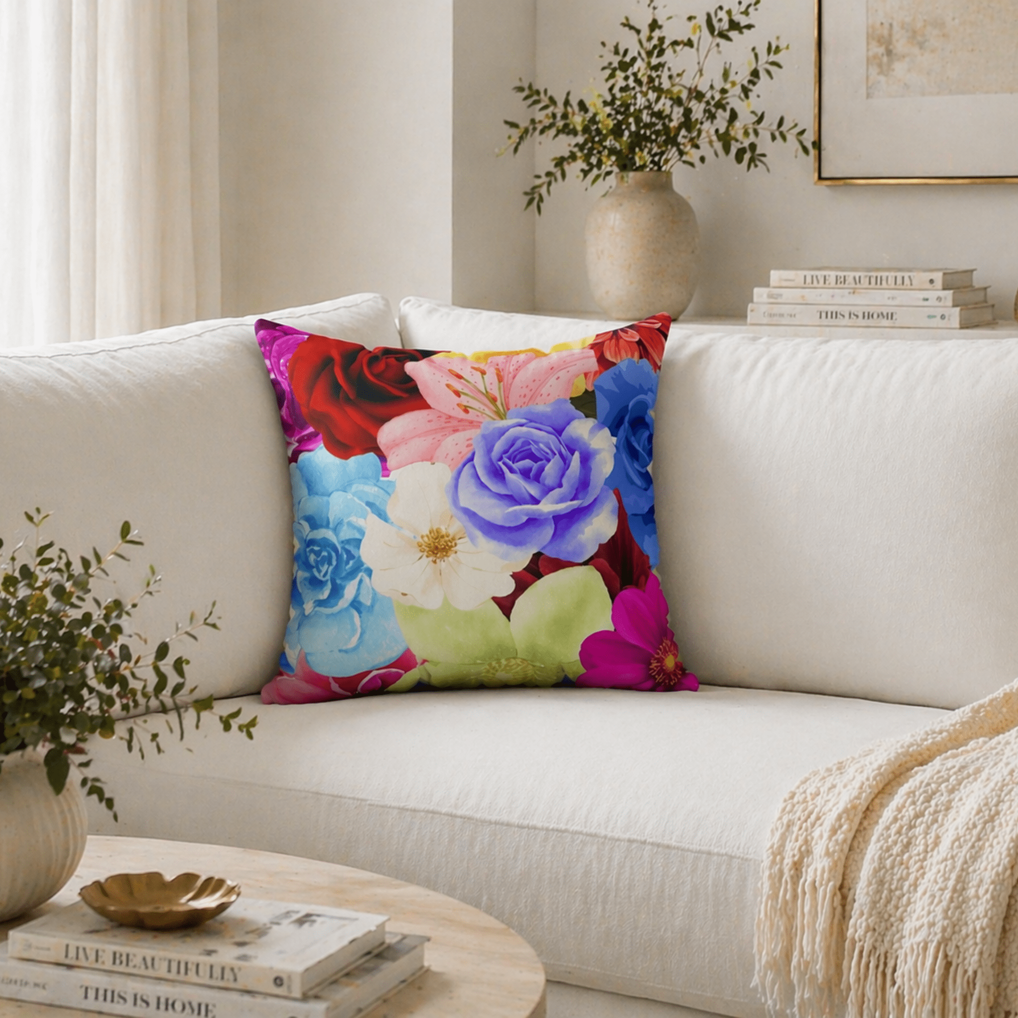 Colorful faux suede floral pillow on a light beige couch with a neutral background by Relatable Designs