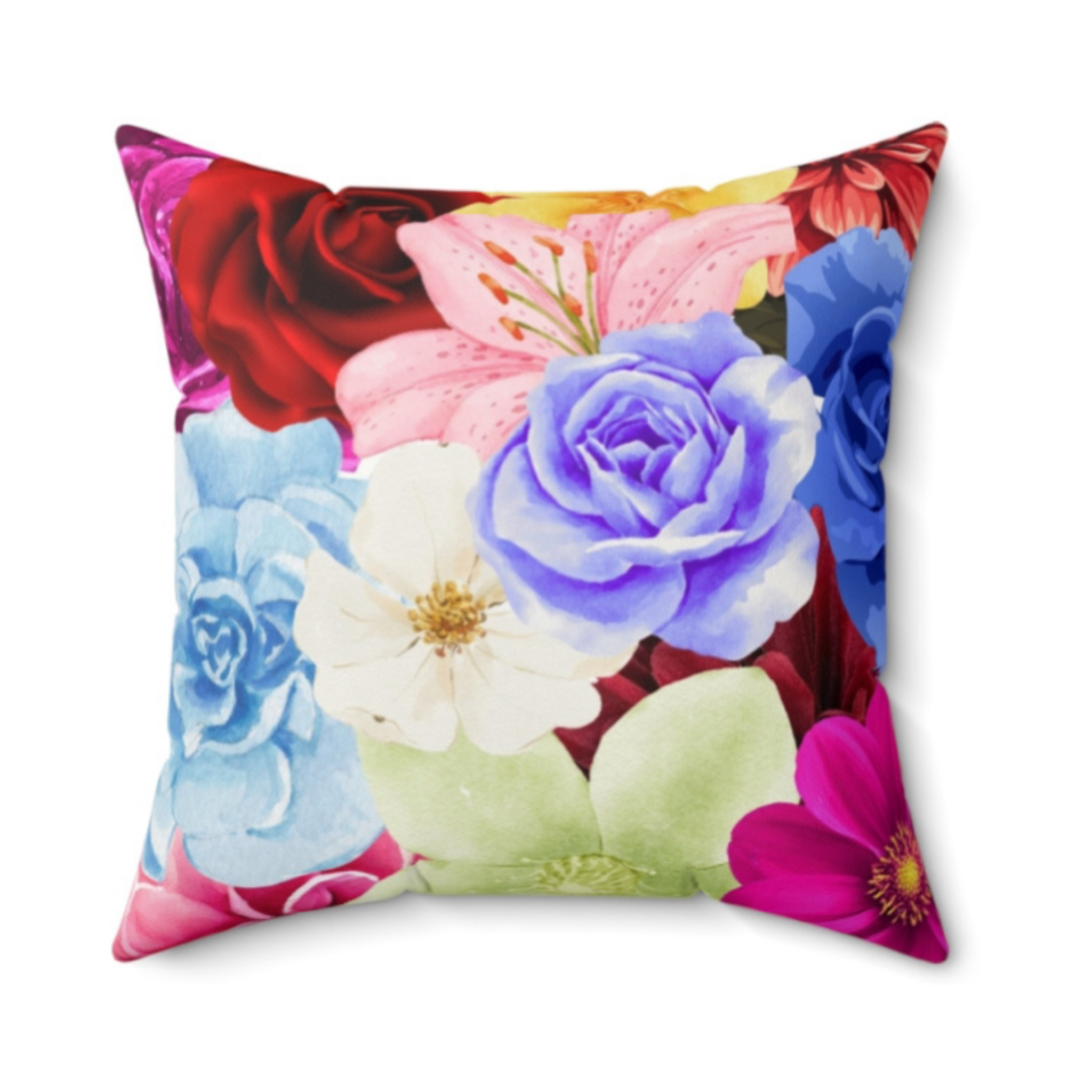 Faux suede floral-patterned pillow with colorful flowers on a white background by Relatable Designs
