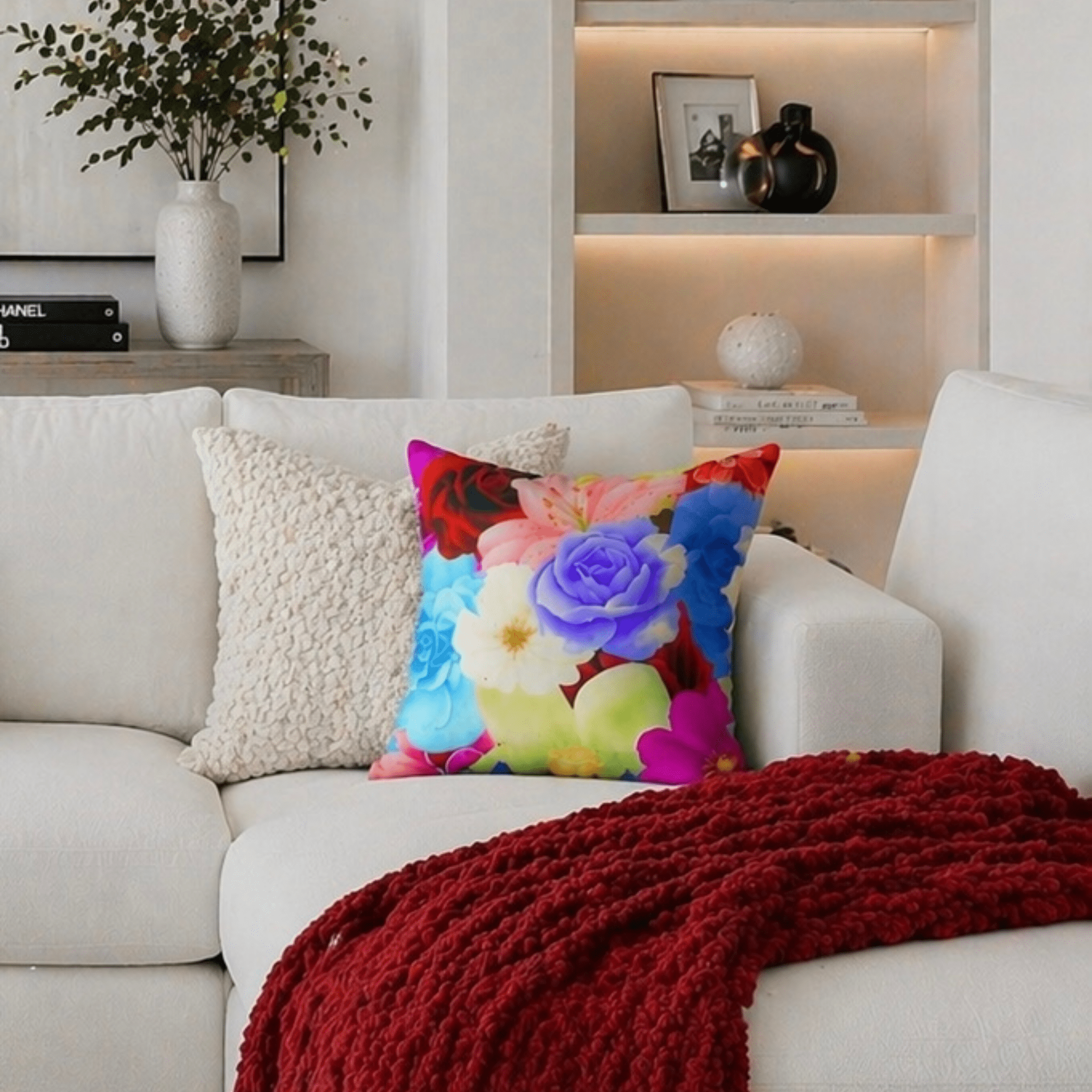 Faux suede decorative pillow with colorful floral design on a white sofa with a red throw blanket.