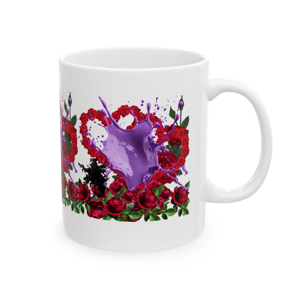 White mug with a design of red roses and a purple splash on a white by background - by Relatable Designs