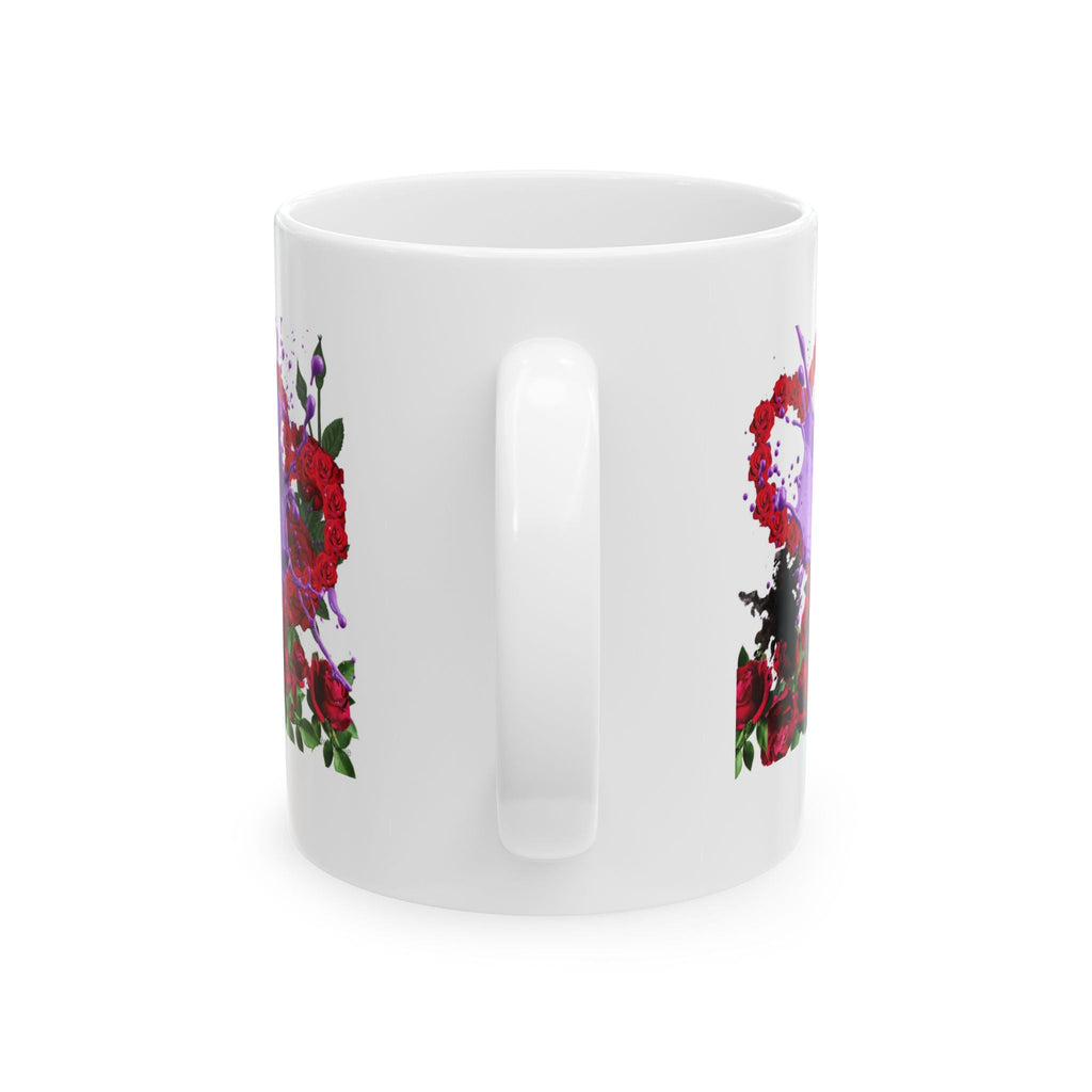 Side view White mug with red floral design on a white background